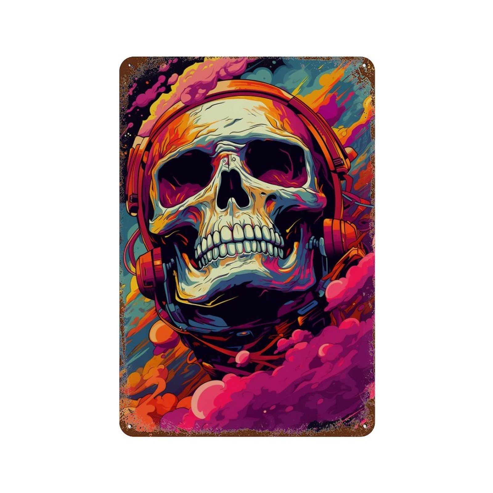 Skull Headphones Artwork Rust Effect Tin Sign 11.8"x7.9", Industrial Home Decor for Garage, Pub Or Kitchen