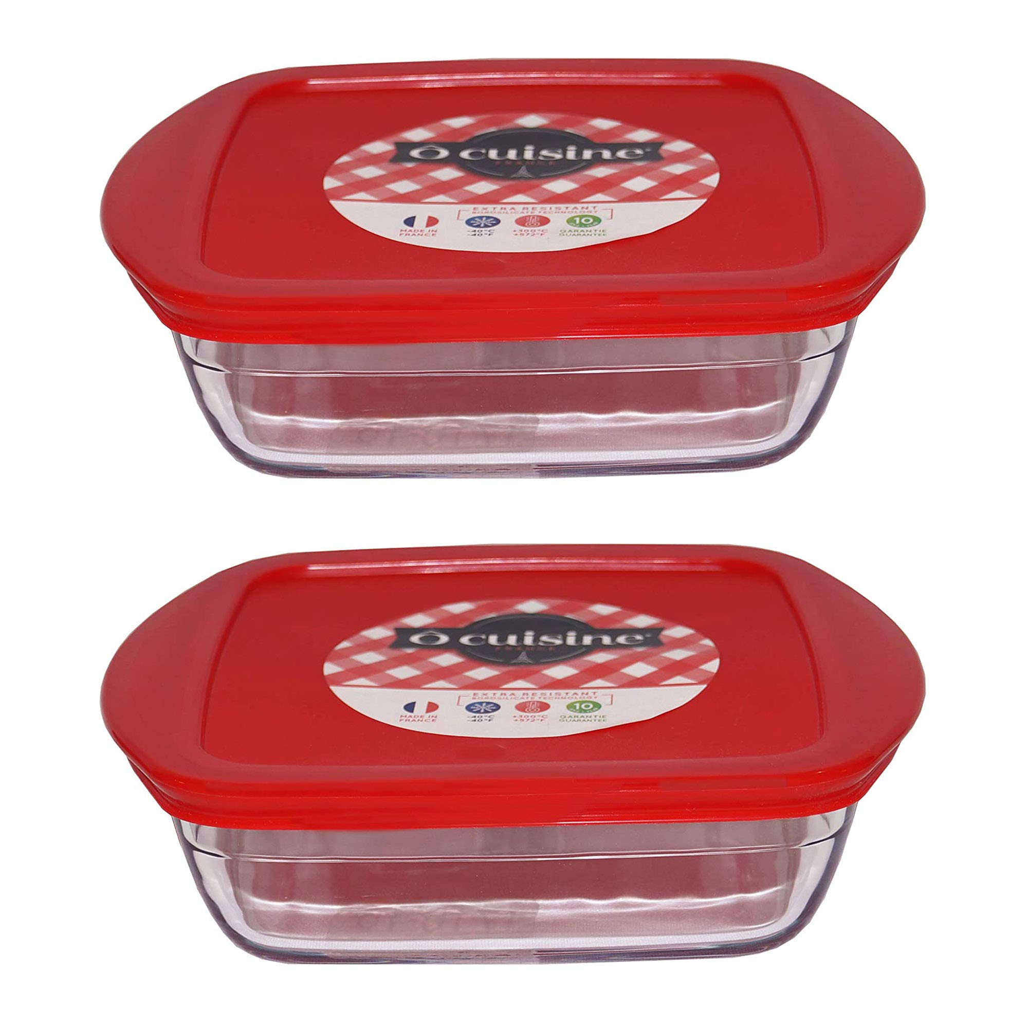 Pyrex Clear With Red Lid O'cuisine Borosilicate Glass Square Dish Container With Plastic Lid 1.0 Litre Red (Pack Of 2)