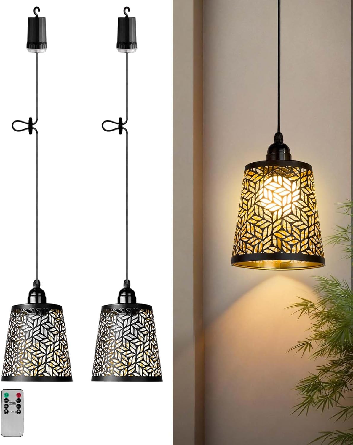 Battery Operated Chandelier with Remote, IP44 Waterproof Outdoor Pendant Light, No Wiring Needed Gazebo Lights for Porch, Patio, Balcony, Pergola, Shed, Home Decor (Petal Pattern)