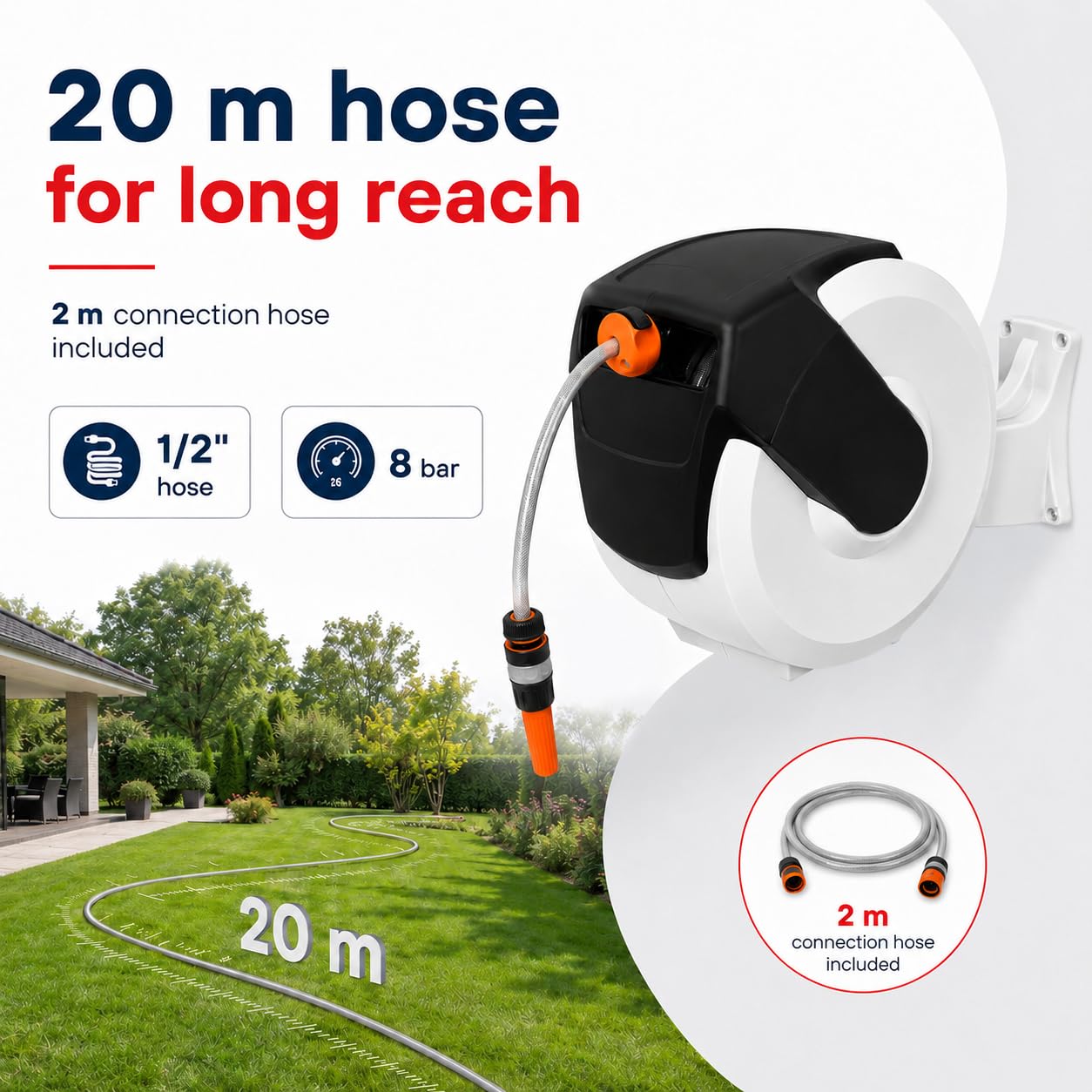 Home It® Schlauchbox 20m | Schlauchaufroller Schlauchbox mit 180° Drehung | PVC Gartenschlauch, Automatikaufwicklung, Wandmontage | 8 bar Druck, Inkl. Zubehör