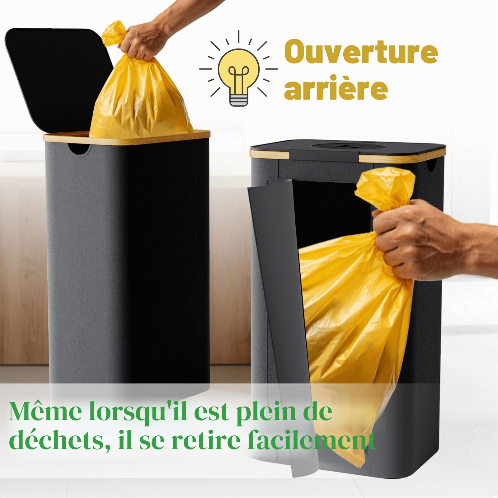 RMAN® 2 × 100L Support sac poubelle avec couvercle - poubelle tri selectif - conception à ouverture arrière - avec 10 pcs 90L sac poubelle jaune pour maison et cuisine, extra robuste et stable