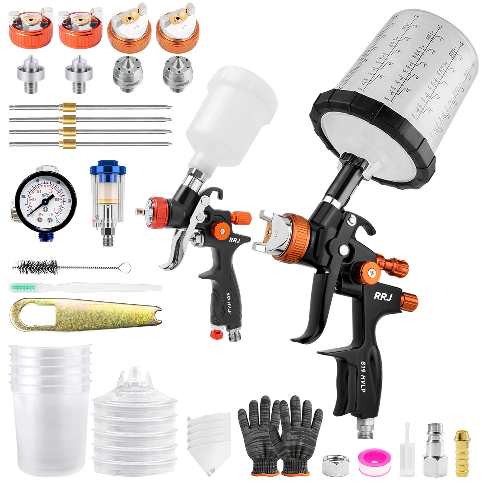 819 HVLP - Kit de pistola de pulverización de aire, 2 pistolas de pintura de alimentación por gravedad con boquillas de 1,3/1,7 mm y 0,5/0,8 mm, 5 vasos de pintura desechables de 650 ml y taza de 125