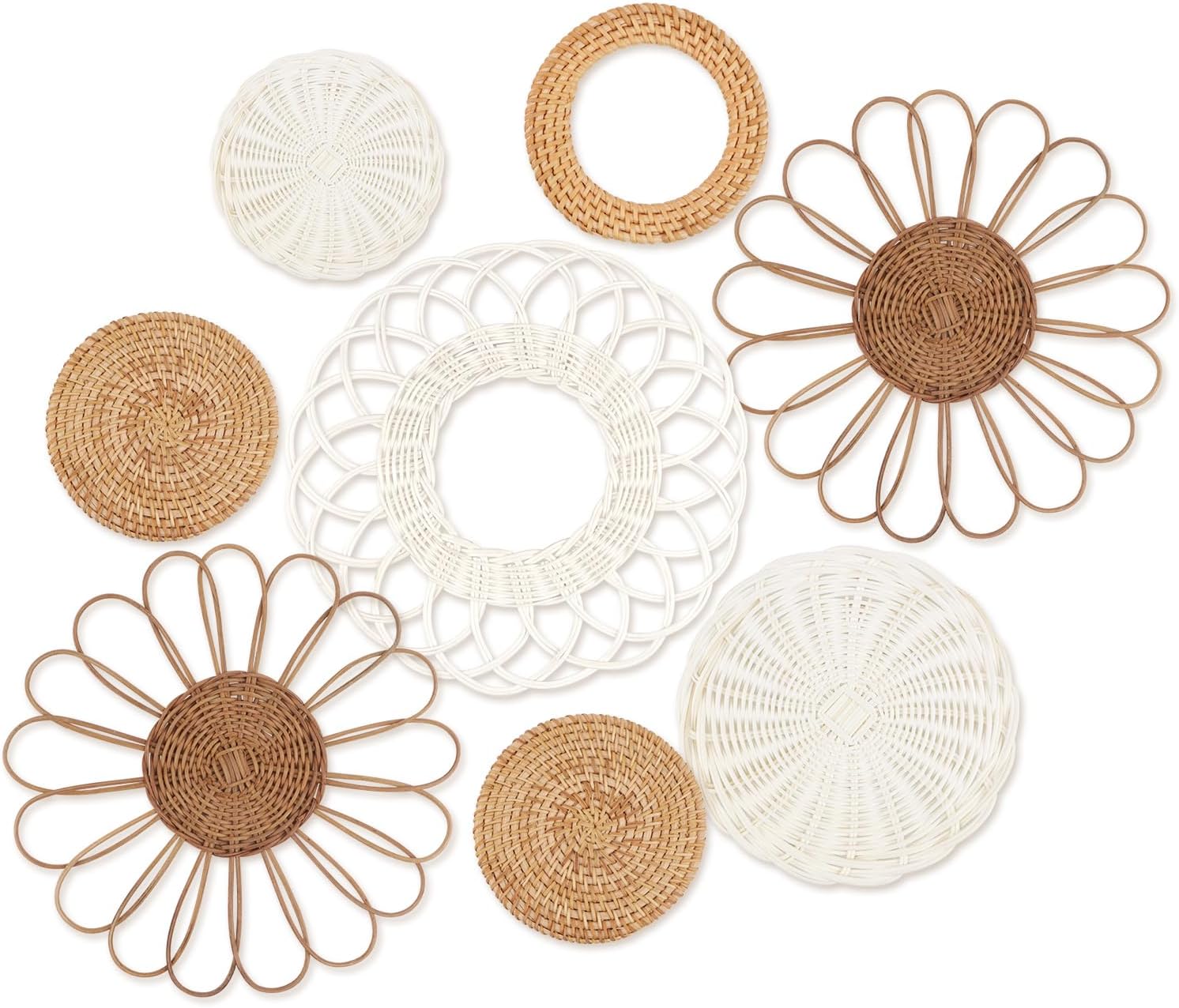 YiYa Set of 8 Boho Wall Decor Rattan Flower Wall Basket Decor Round Hand Woven Rattan Wall Art Hanging Wall Art for Living Rooms Farmhouse Living Rooms Nursery