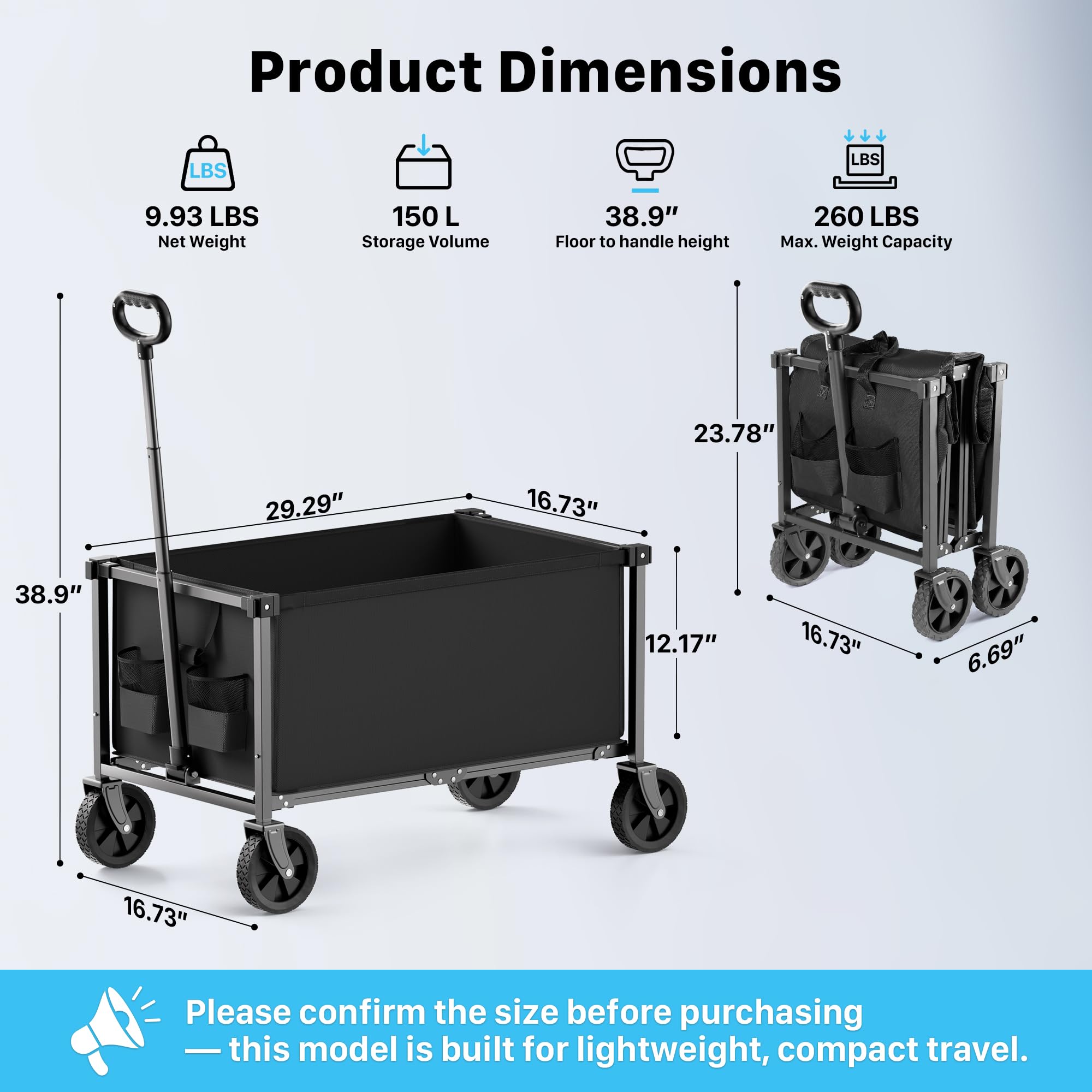 HOMBETTA 29.3" Collapsible Wagon Cart, 150L Heavy Duty Folding Utility Wagon with Wheels, 260 lbs Load, Portable Rolling Cart for Garden, Shopping, Sports, Camping, Black Product Image 3