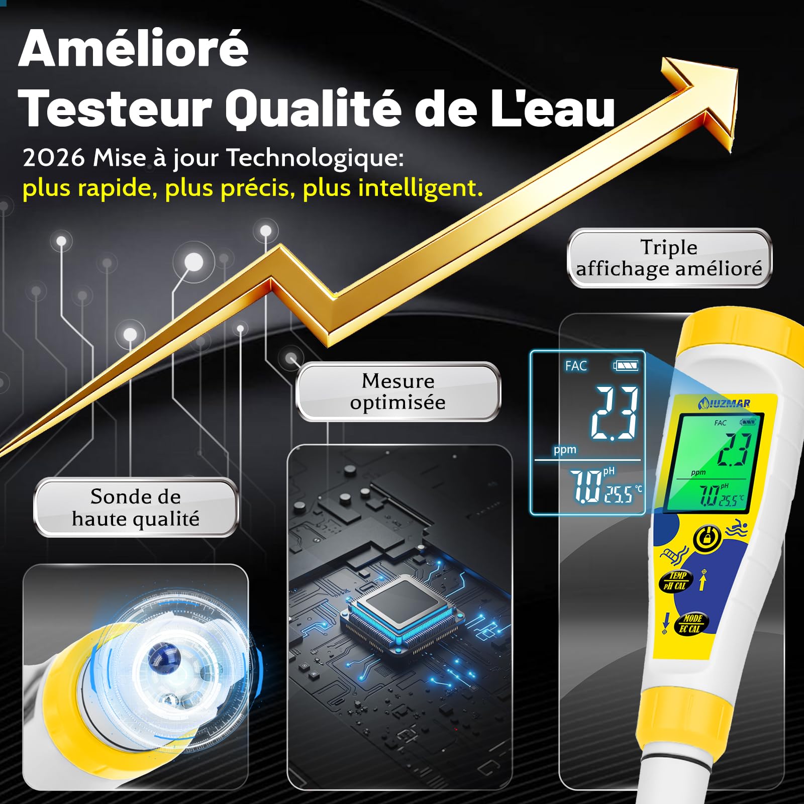 UIUZMAR Testeur de Chlore et de pH pour Piscine, pH Mètre et Salimètre pour Eau Salée Affichage Simultané du pH,Sel Temp Appareil de Mesure 7 en 1 pour Hydroponique, Eau, Aquarium