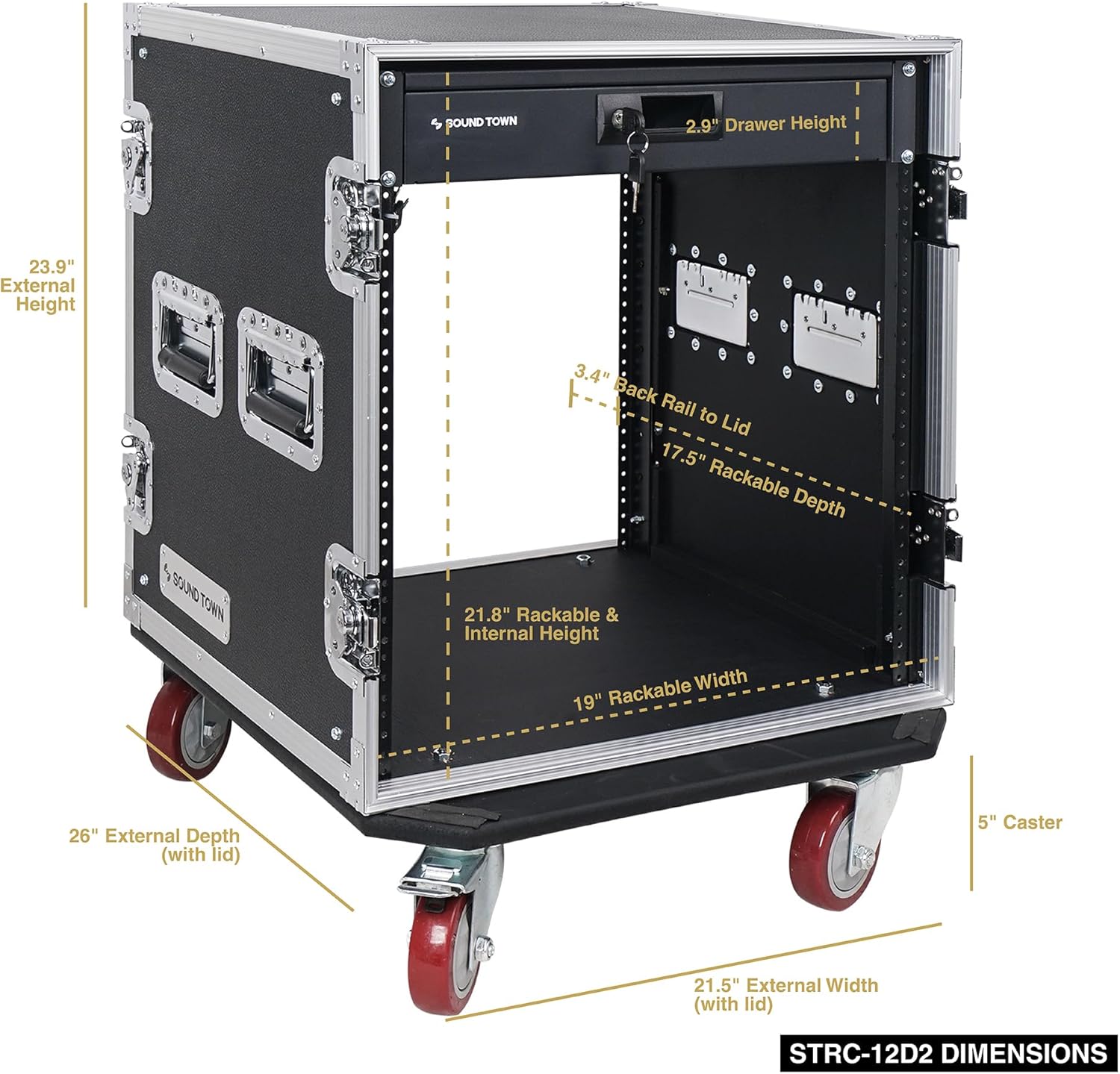 Sound Town 12U PA DJ Pro Audio Rack/Road ATA Case with Locking Drawer, 21’’ Rackable Depth, Casters, Metal Ball Corners - Pro Tour Grade (STRC-12D2)