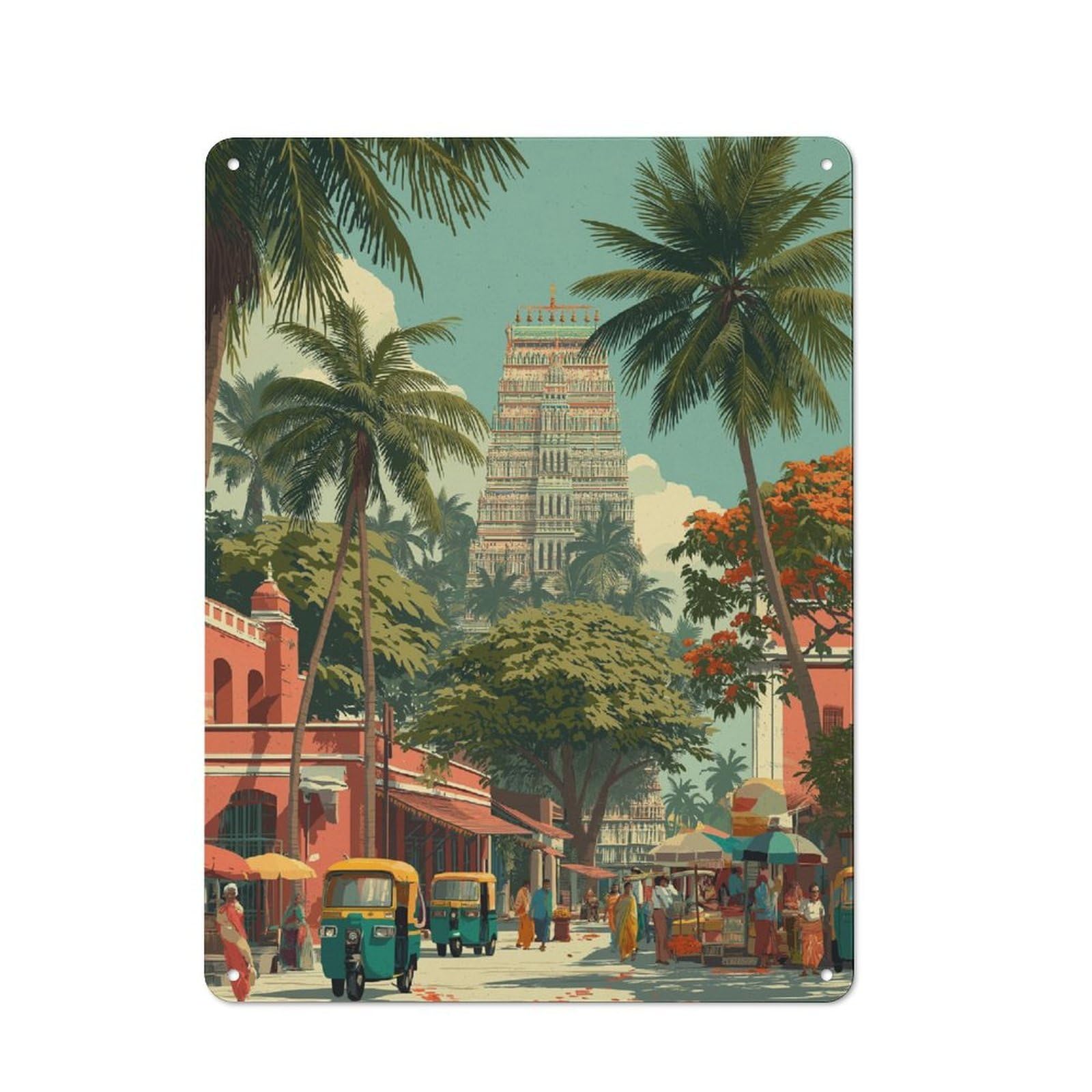 Junmoney Indian Temple Market Scene Vintage Metal Sign 40X30cm For Café Or Restaurant, Suited To Restaurant Decor Fans