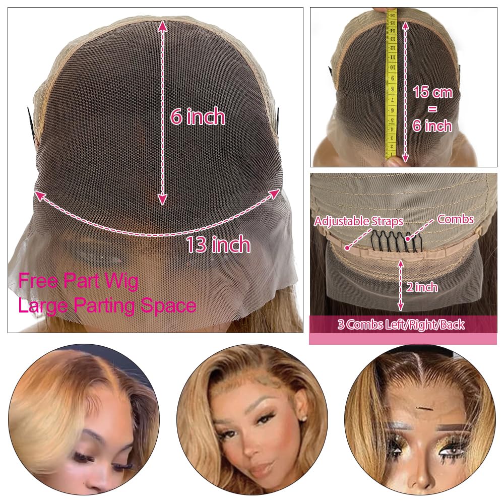 Ombre Honey Blonde Lace Front Wig Human Hair Body Wave 13x6 HD Lace Frontal Wigs Pre Plucked with Baby Hair Loose Curly #4T27 Colored Virgin Human Hair Glueless Wigs for Black Women 180% Density 16”