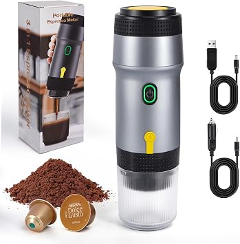 3-in-1 Portable Coffee Maker, 12V Car Coffee Machine, Self-Heating, Compatible with Big Capsules/Small Capsules/Ground Coffee, Electric Travel Espresso Machine, For Camping, RV, Office, Silver