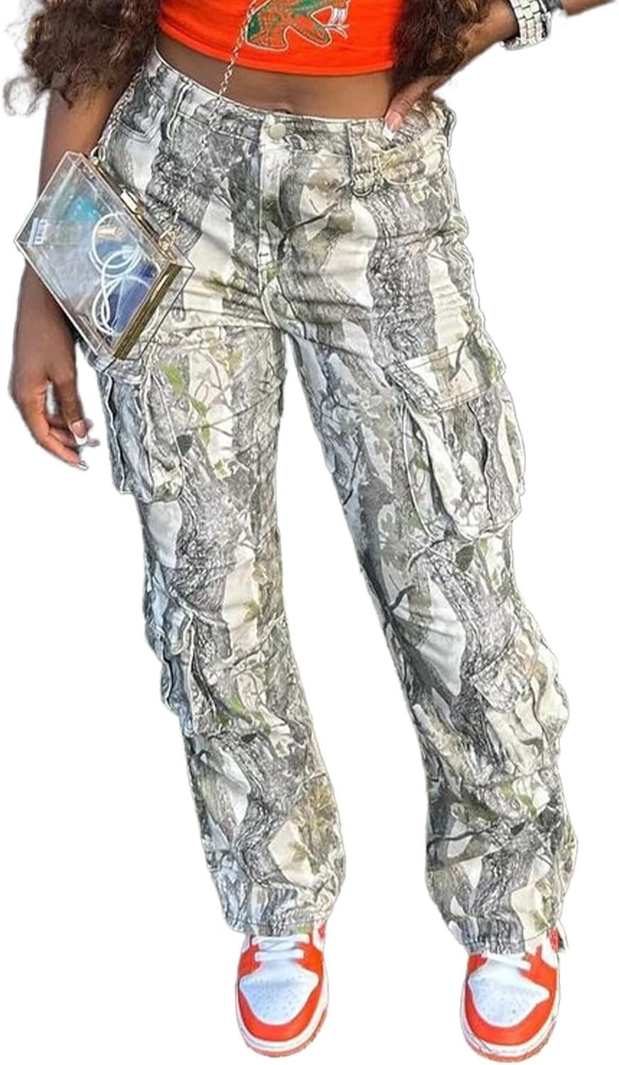 Camo Cargo Pants Women High Waist Baggy Wide Leg Camouflage Army Fatigue Jean Trouser Slim Fit Pocket Jogger Sweatpant