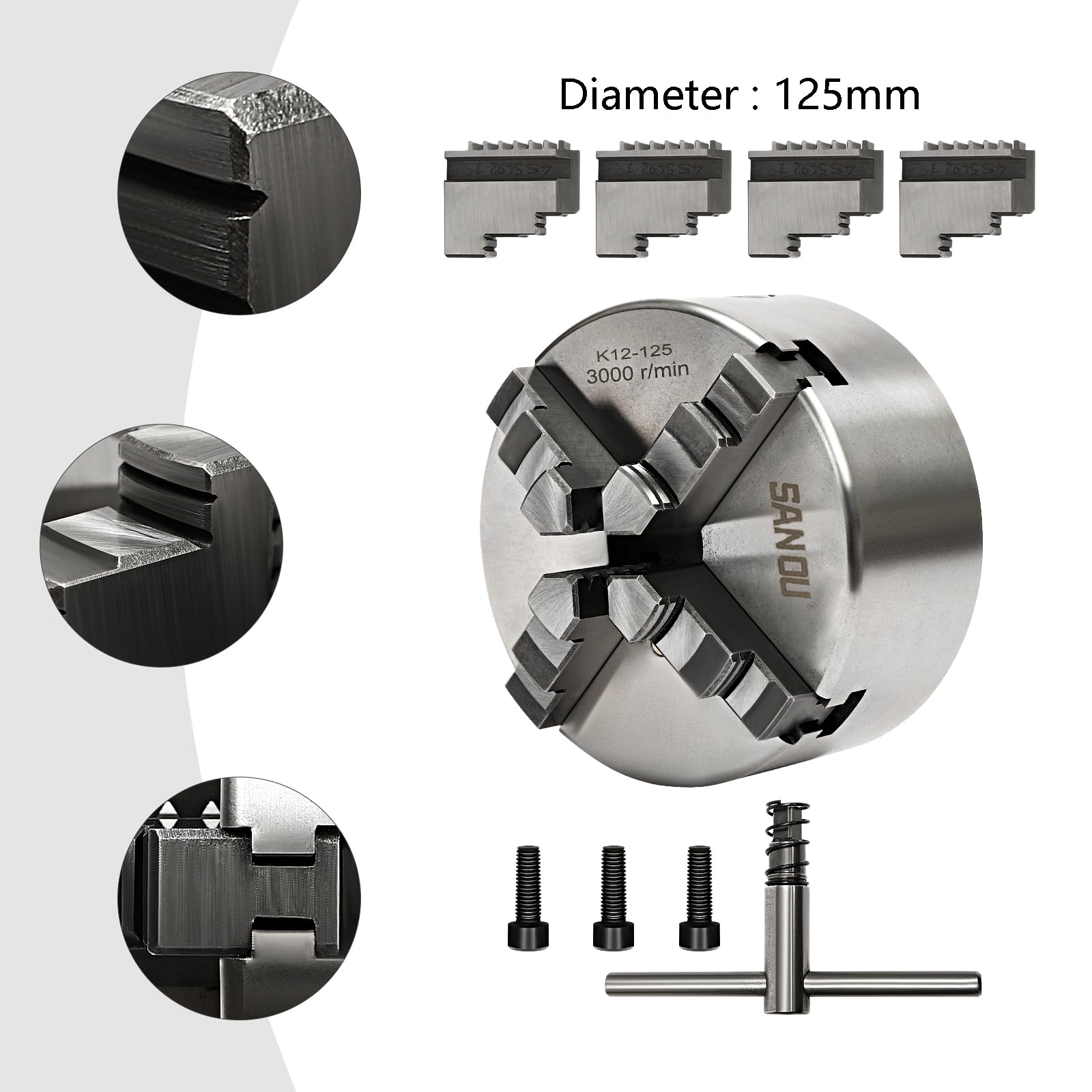 Portabrocas autocentrante de 4 mandíbulas giratorias, 4 mandriles CNC Jaw Chuck para trabajar metales, portabrocas de precisión con mandíbulas interiores y exteriores, acero de hierro de alta calidad