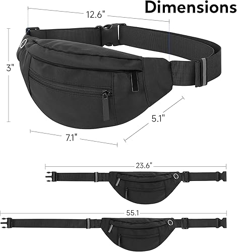 Miniatura 2 de Riñonera grande con 4 bolsillos con cremallera, para mujer y hombre, con correa ajustable para viajes, correr, senderismo, 4-Cremallera Negro, Large