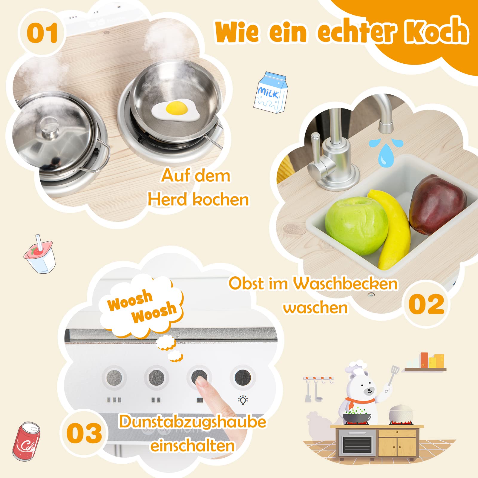DREAMADE Kinderküche aus Holz, Kinder Küche Eckküche mit Waschbecken Herd Backoffen Kühlschrank, Holzküche, Spielküche mit Spielzubehör für Kinder ab 3 Jahren