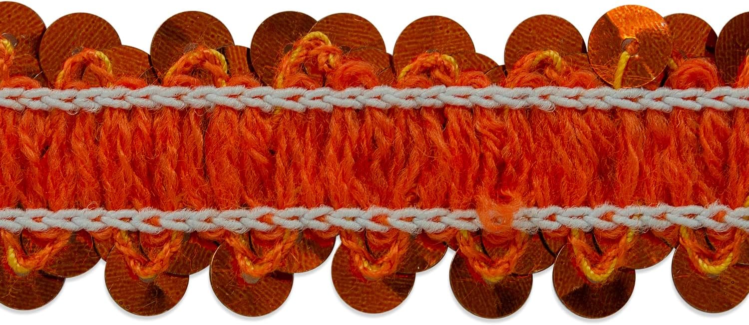 Trims by the Yard 2-Row Metallic Stretch Sequin Trim, 7/8-Inch Versatile Sequins for Crafts, Durable Sequins Trim for Sewing, 100-Yard Cut, Orange