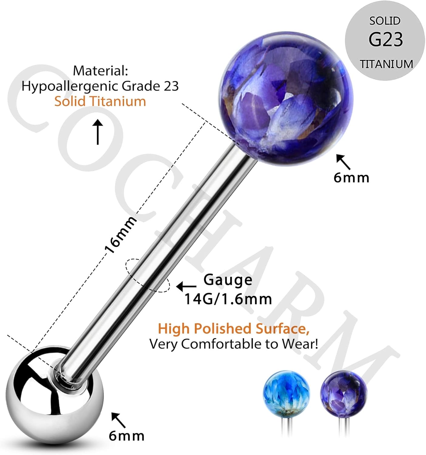 COCHARM 2pcs G23 Solid Titanium Tongue Rings for Women Flower Acrylic Tongue Ring 14g Tongue Barbells Cute Tongue Piercing Jewlery - Image 2