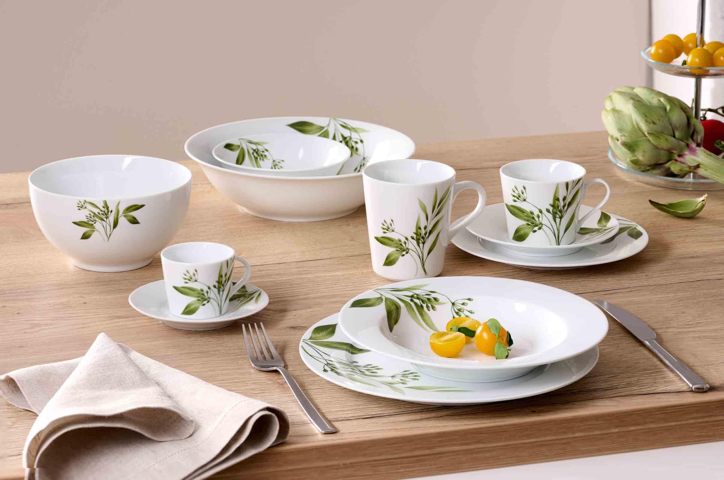 Ritzenhoff & Breker Evora Espressotassen mit Untertassen 6er Set, 100 ml, Zweig- und Blattmotive, Porzellan, Spülmaschinengeeignet, Weiß-Grün