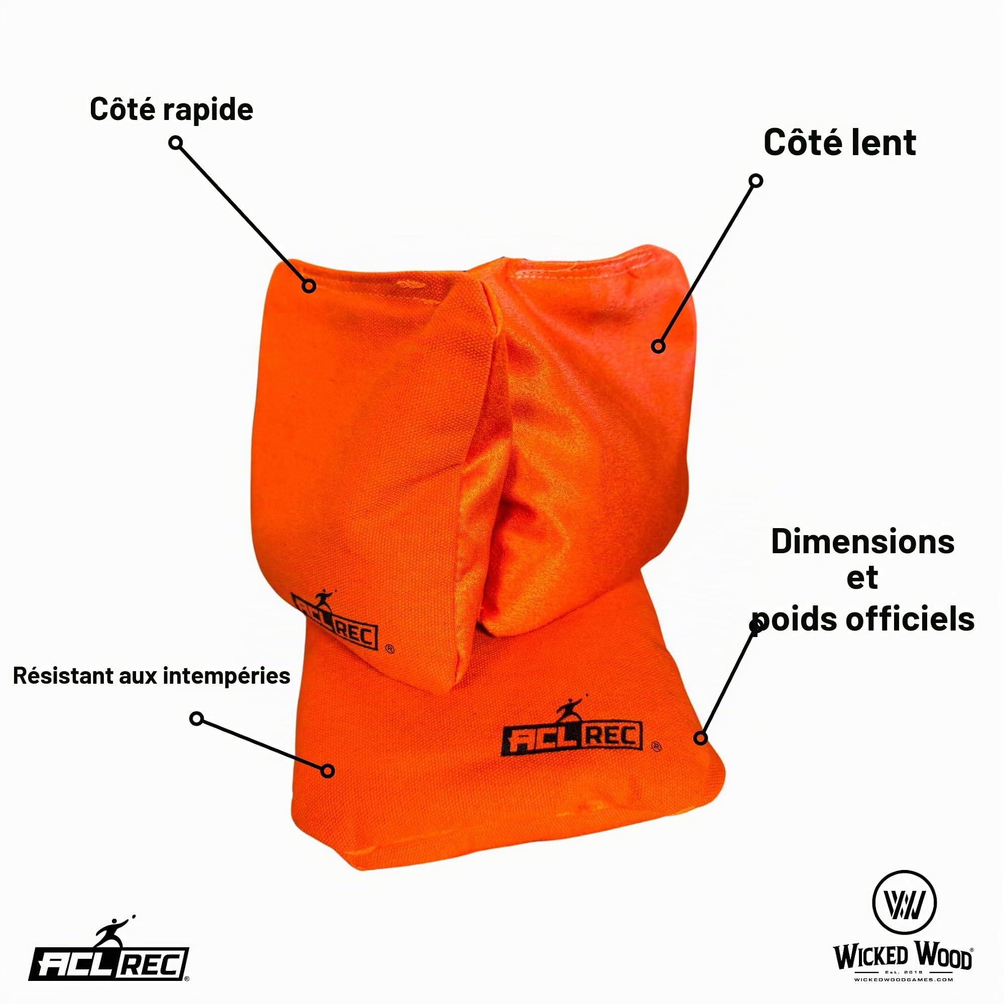Wicked Wood Games ACL Rec Lot de 2 sacs à cornhole des deux côtés pour une prise en main parfaite Noir et orange