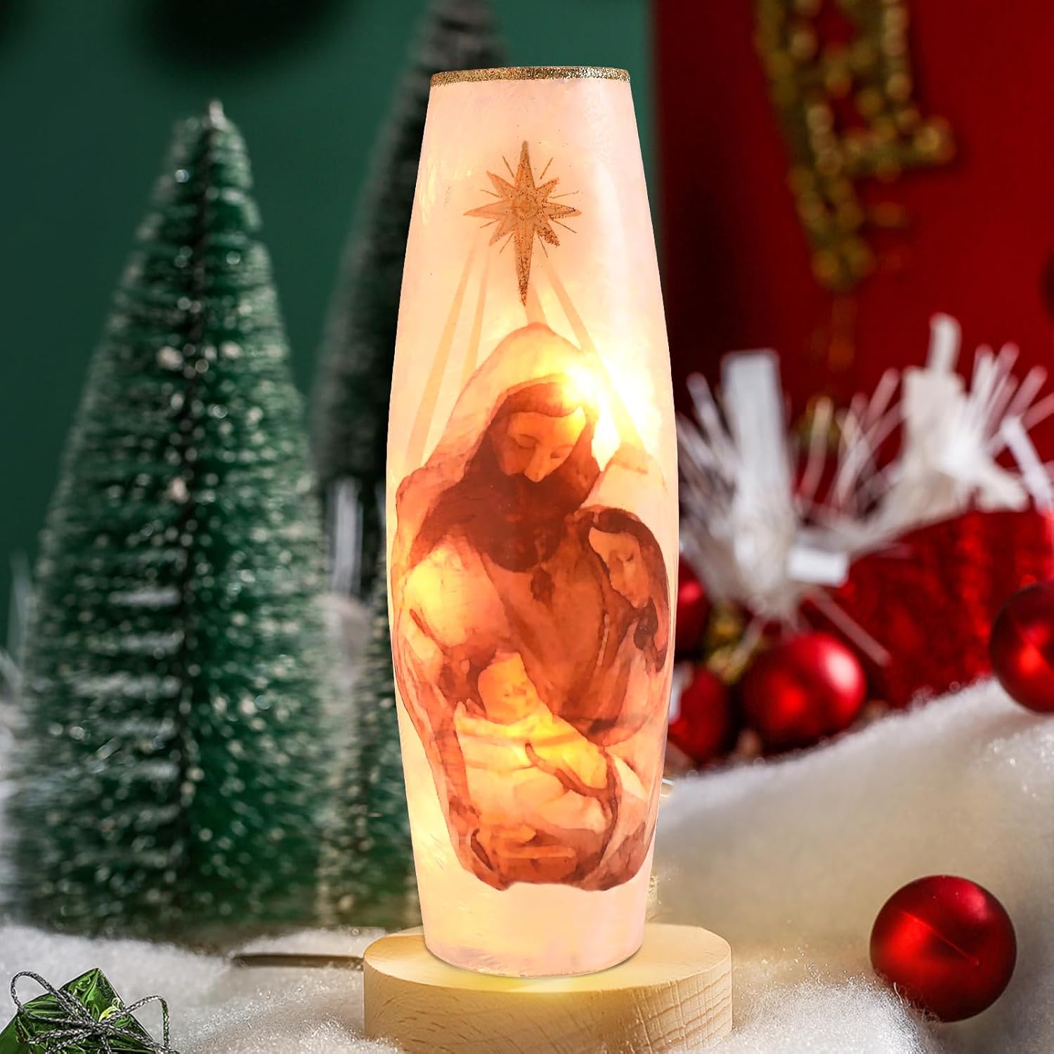 Crackle Glass Christmas Nativity Lamp 12" Pre-Lit Lighted Vase Xmas Jar Gifts for Holiday Decoration