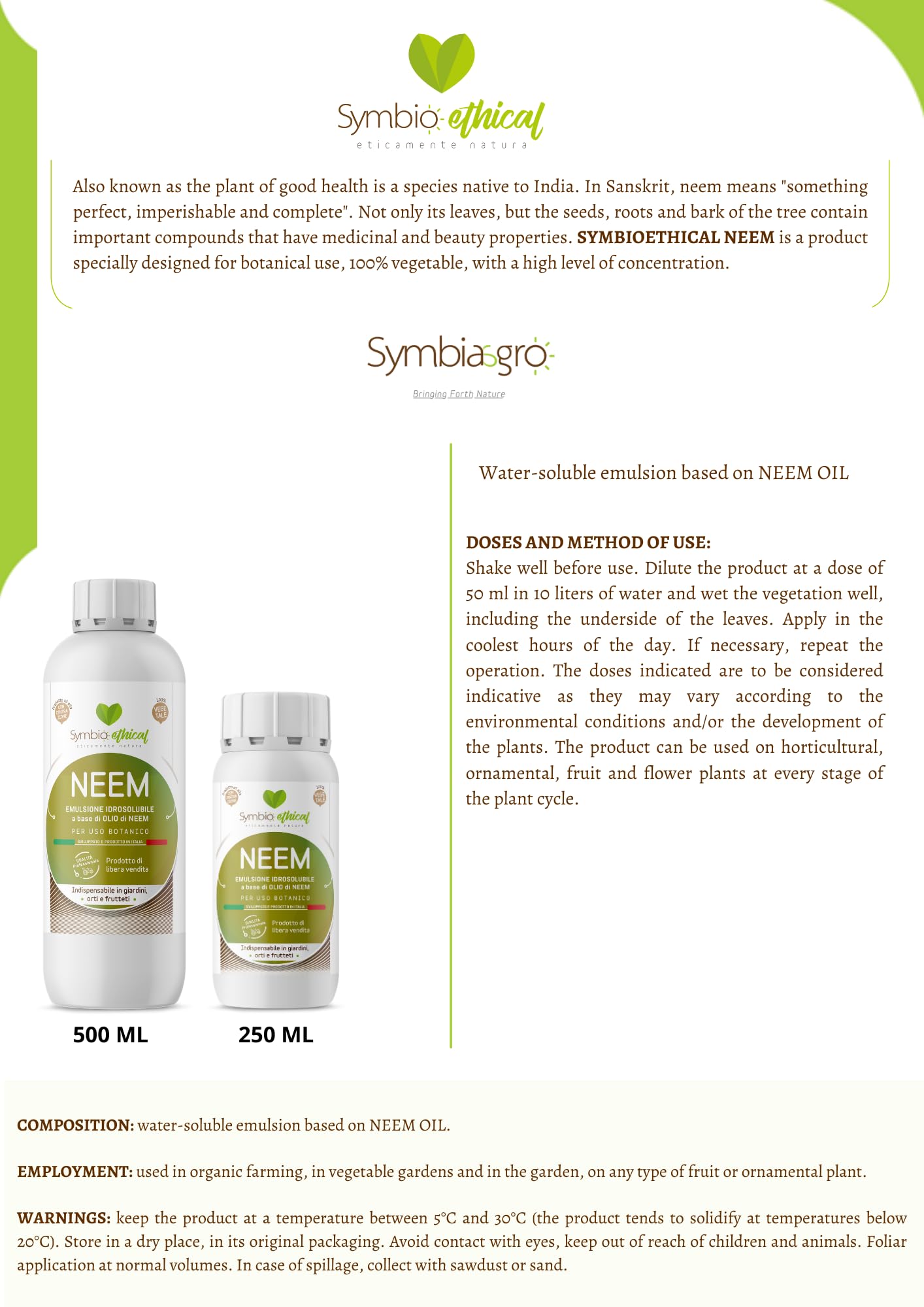 SYMBIOETHICAL - NEEM, Emulsión Hidrosoluble a Base de Aceite de Neem para Plantas, Concentrado de Uso Botánico, 100% Vegetal, Made in Italy, 250 ml