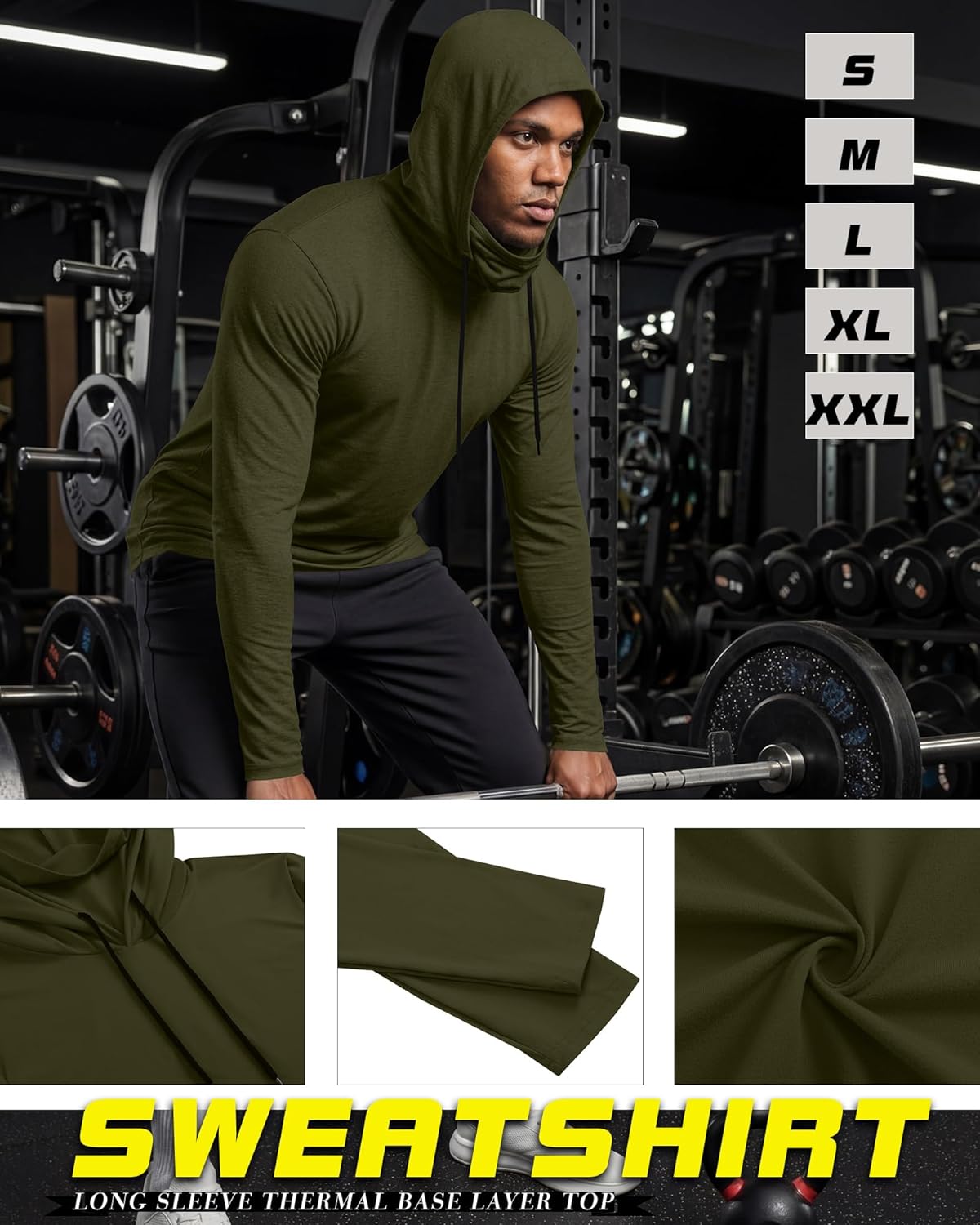 Men's Compression Hoddie with Face Mask Sweatshirt Long Sleeve Thermal Base Layer Top Active Running Pullover - Image 4