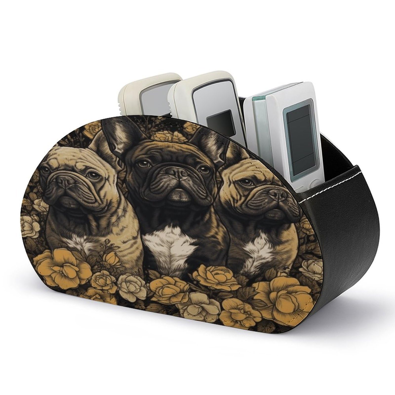 VstaDank Three French Bulldogs Remote Control Holder with 5 Compartments PU Leather TV Remoter Caddy Desktop Organizer TV Remote Holder Remote Box for Media Controllers Office Supplies