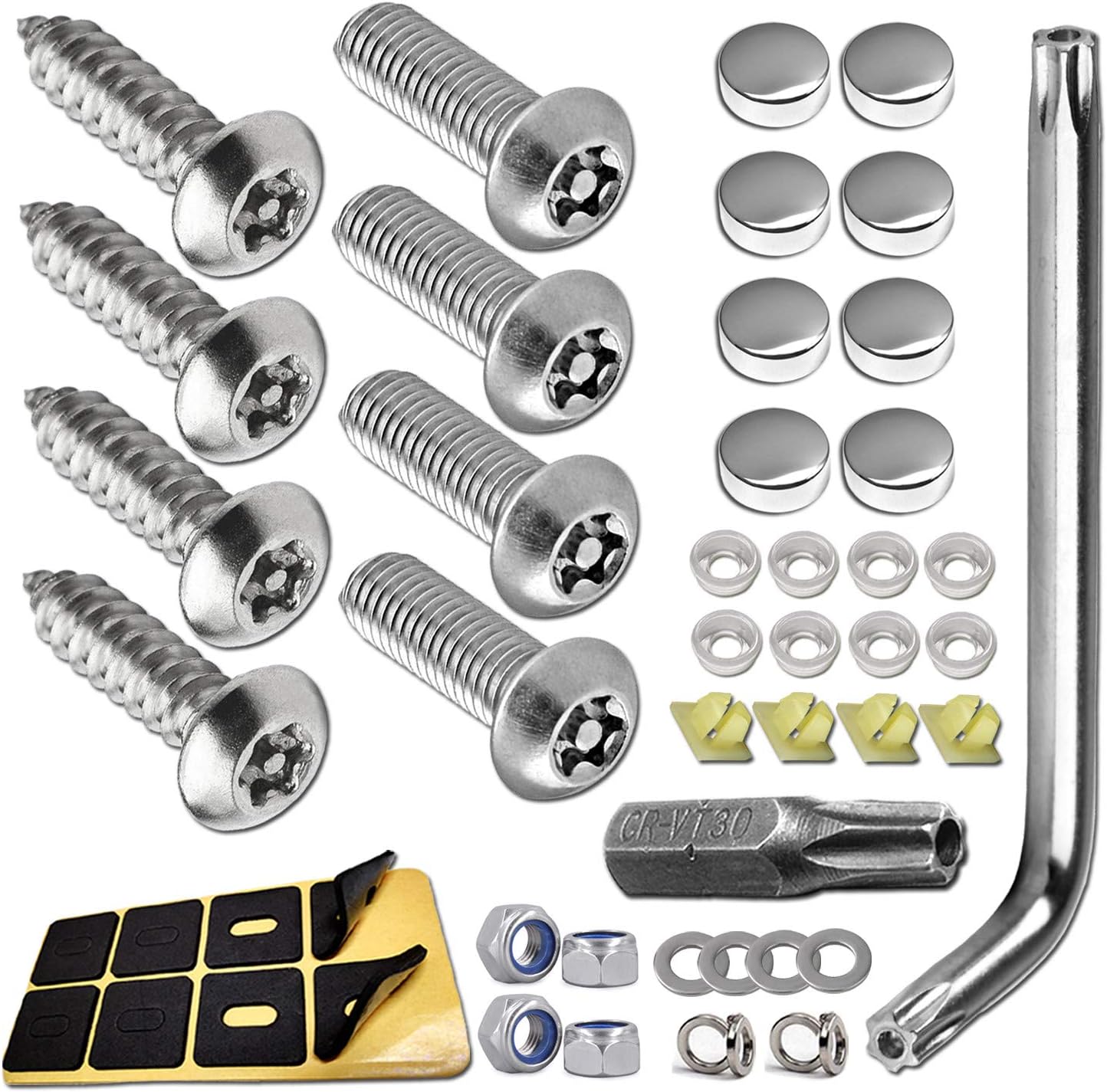 Anti Theft License Plate Screws- Stainless Steel Bolts Fasteners Kits for Car Tag Frame Holder, Tamper Resistant Mounting Hardware,1/4"(M6) Security Screw Set,Rust Proof,Chrome Screw Caps Cover