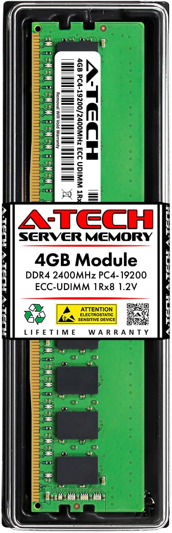 Server 4GB DDR4 2400MHz PC4-19200 ECC UDIMM 1Rx8 Single Rank 1.2V ECC Unbuffered DIMM 288-Pin Server & Workstation RAM Memory Upgrade Module (A-Tech Enterprise Series)