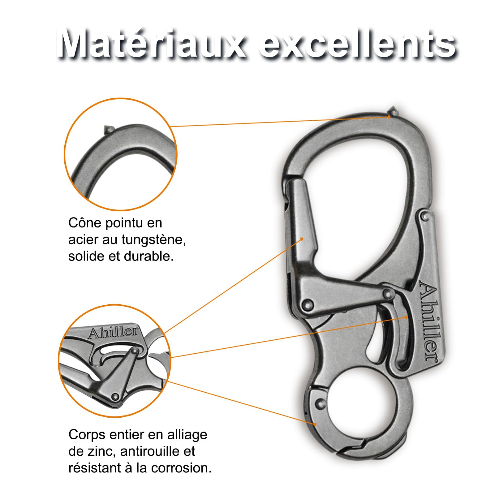 Ahiller Mousqueton Porte-Clés 7,6cm - Double Verrouillage Alliage Robuste - Pointe Acier Tungstène - Multifonction pour Camping Randonnée Survie