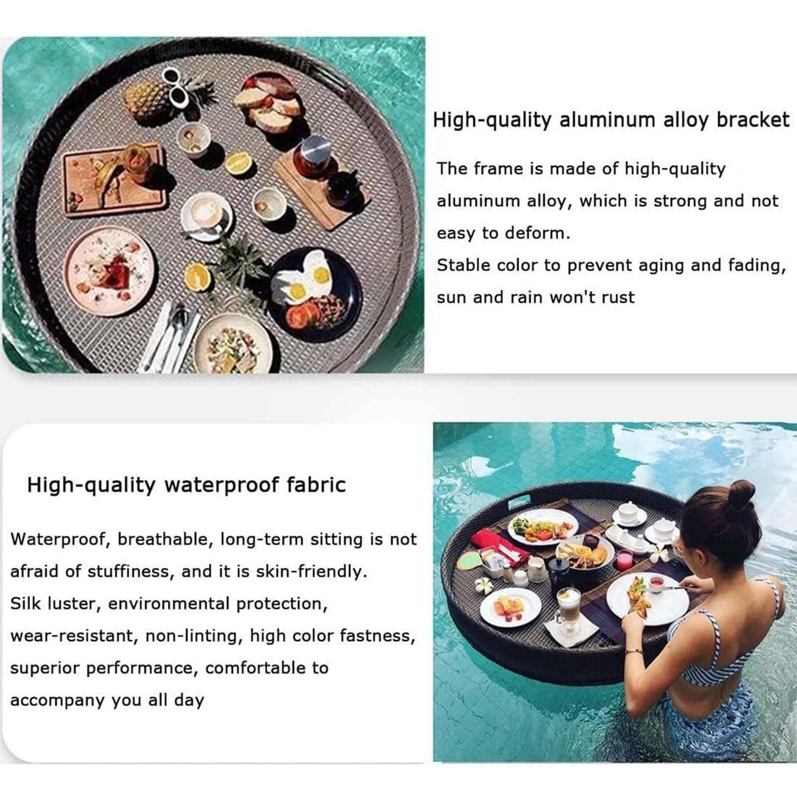 Vassoio da portata in rattan intrecciato con manici per colazione galleggiante, piscina galleggiante per adulti, vassoio per la colazione della vasca idromassaggio.