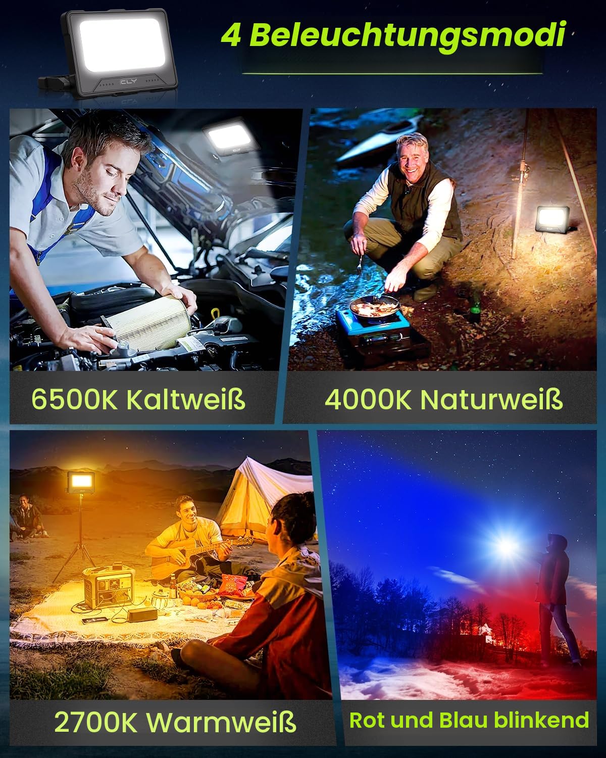CLV 100W LED Baustrahler 12000MAH Led Arbeitsleuchte Akku Strahler 4 Lichtmodi Campinglampe Tragbar 5 Helligkeiten Solar USB-Aufladung Akku Lampe PowerBank für Camping, Garage, Bau, Reparatur, Notfall