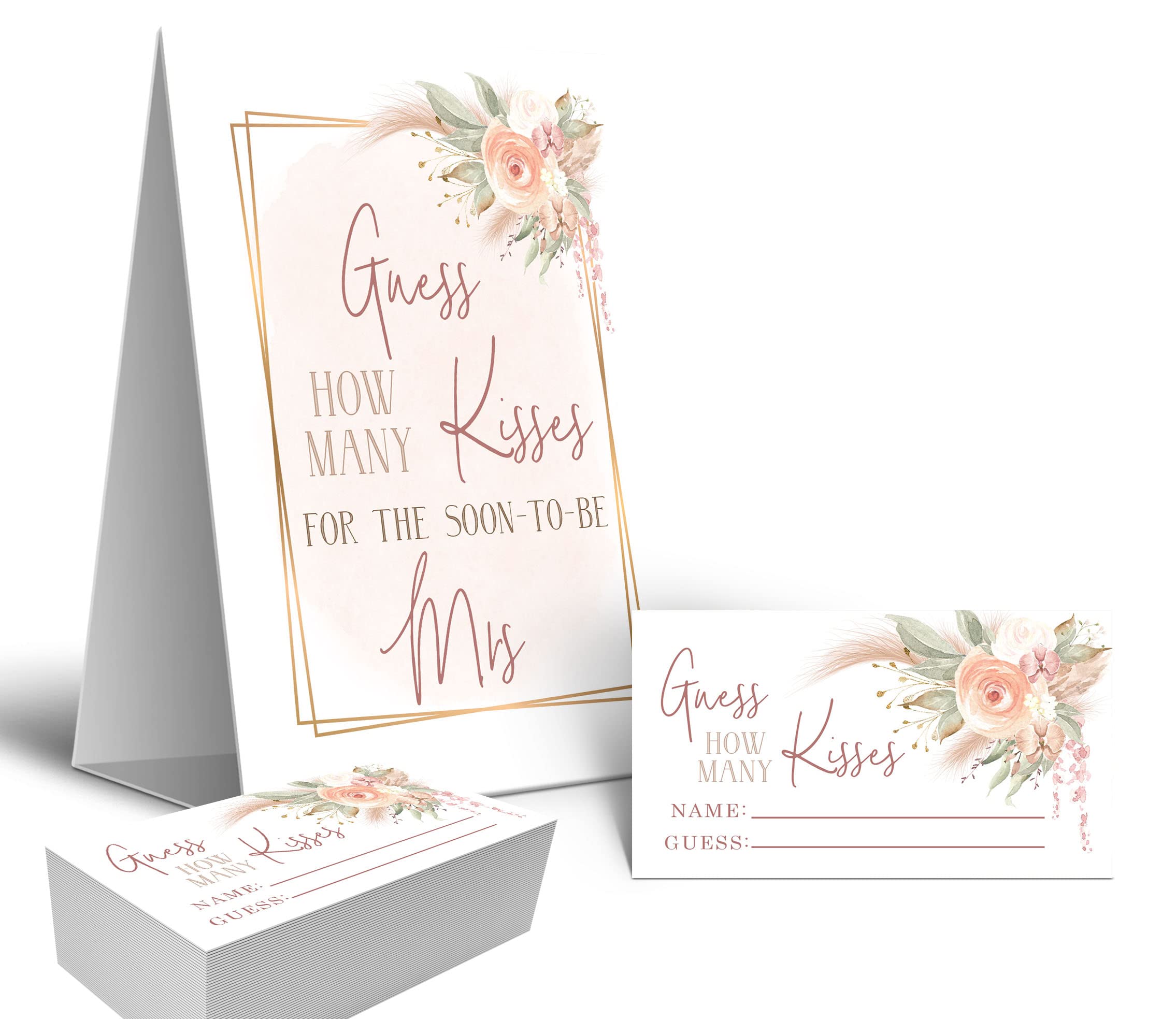 Your Main Event Prints Boho Floral How Many Kisses Game for Bridal Shower – Self-Standing Sign with 50 Guessing Cards – Wedding Shower Candy Games