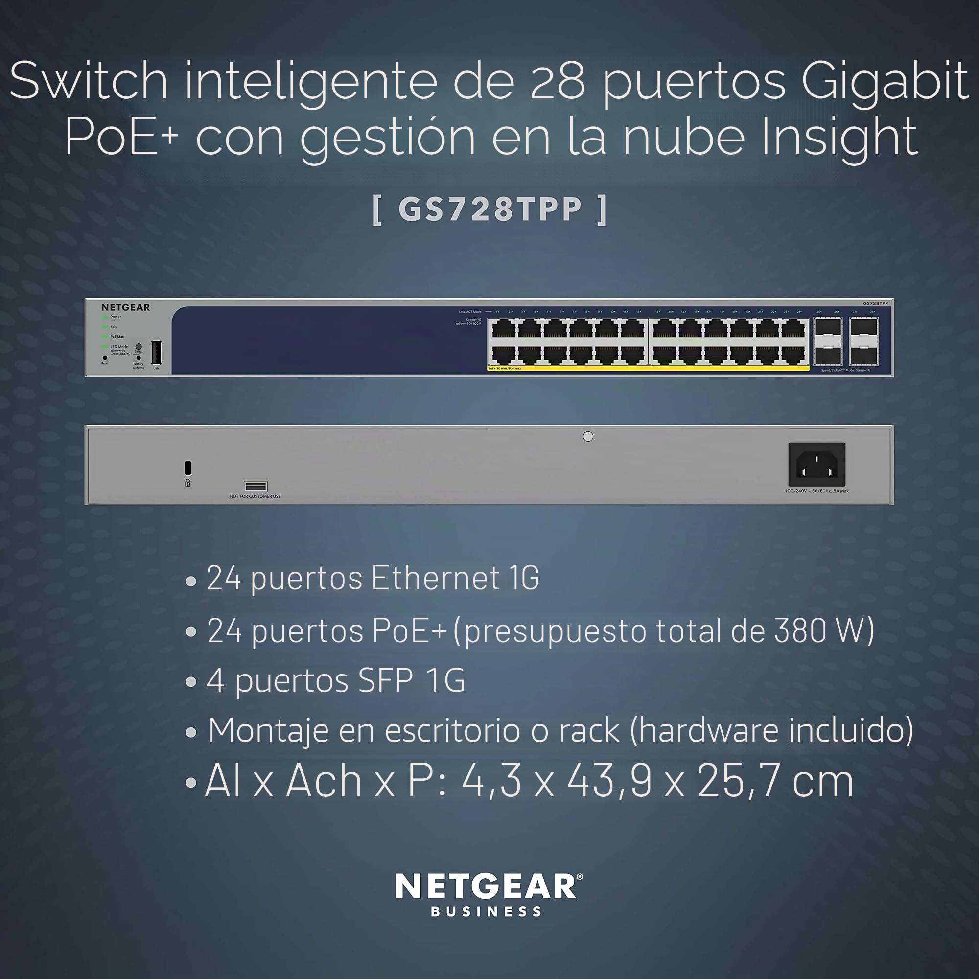 Netgear GS728TPP 28-Port PoE Gigabit Ethernet Smart Switch, Managed, Optional Insight Cloud Management, 24 x PoE+ with 380W, 4 x 1G SFP, Desktop or Rackmount and Limited Lifetime Protection