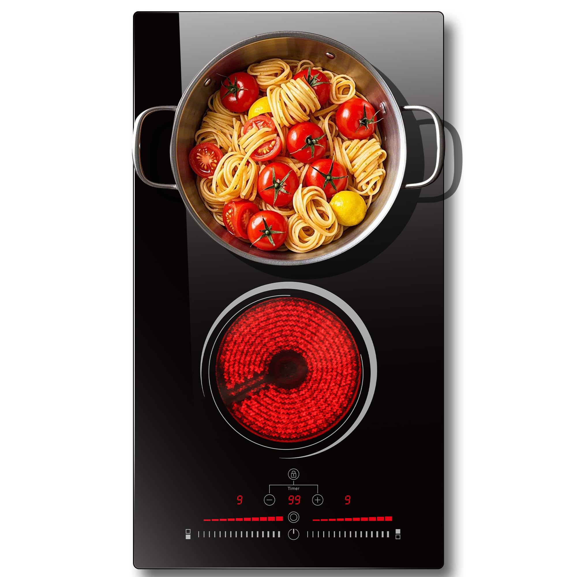 2 Burner Electric Stove 3200W, Drop-in Electric Cooktop with Slide Control, 12 Inch Ceramic Cooktop 220V, 99 Mins Timer, Safety Lock &amp; Extended Zone, Hard Wire