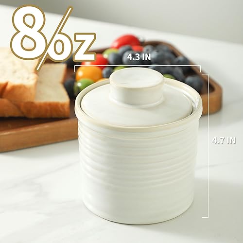 Vista 9 de Hasense Mantequilla de cerámica con tapa, plato de mantequilla para encimera con línea de agua, recipiente para mantequilla francesa para Azul