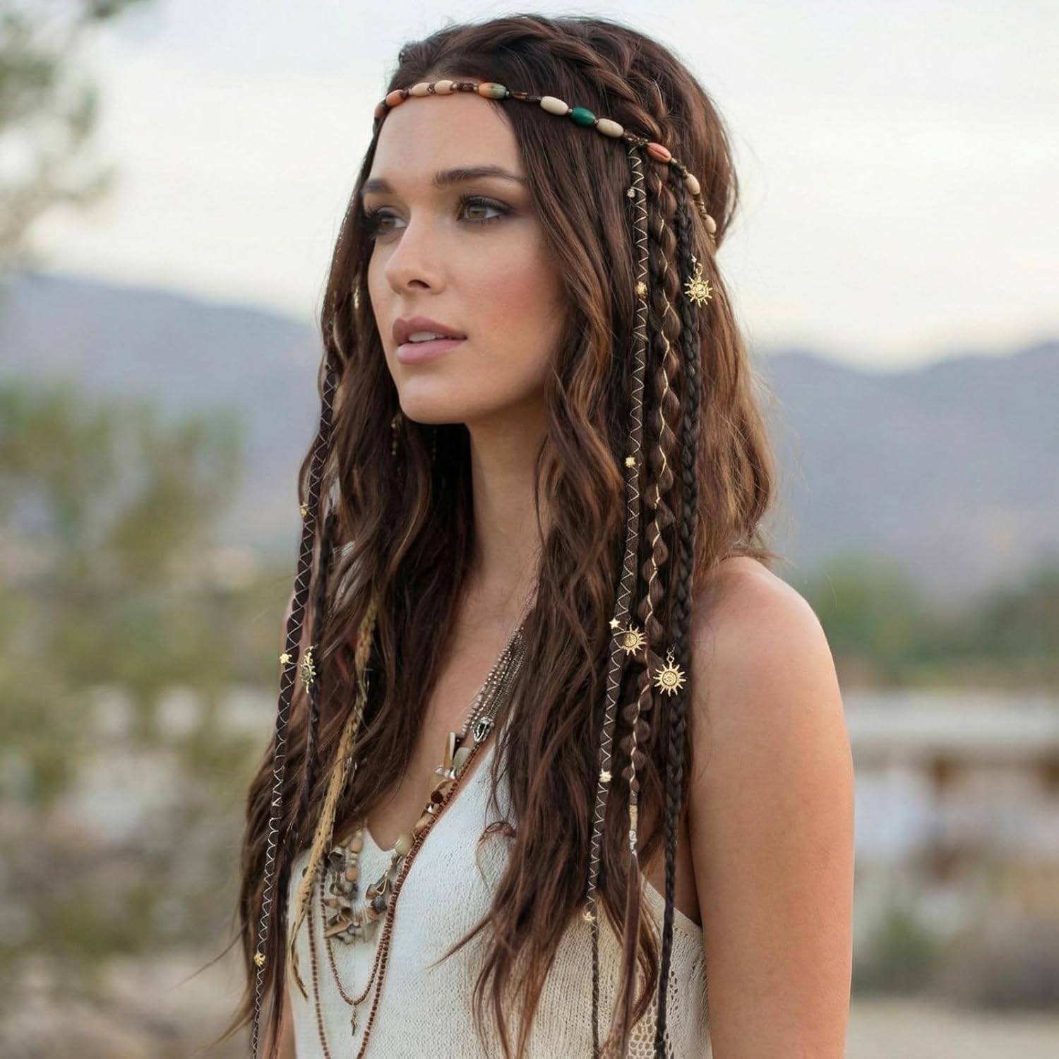 Thiccywoov 6 Pcs 20 Inch Synthetic Dreadlock Extensions Dark Brown Mix Boho Dreadlock Clip in Braids with Beads and Charms Braid Hair Extensions for Woman Cosplay Daily Styling Music Festival