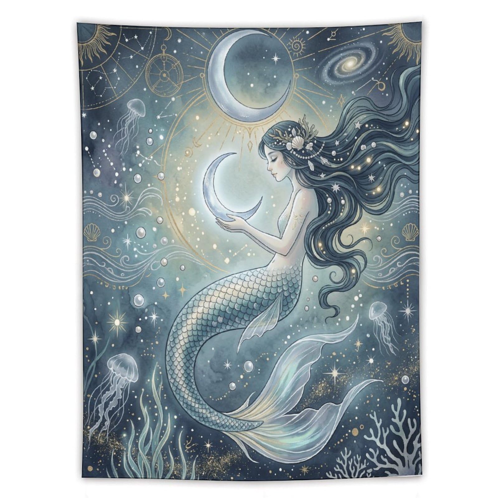 H3B8U2Y5 Moon Mermaid Cosmic Ocean Wall Tapestry, Surrealist, Starry Sea