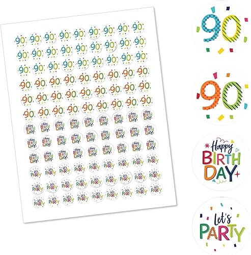 Miniatura 8 de Big Dot of Happiness 90 cumpleaños  Feliz cumpleaños alegre  Coloridas calcomanías redondas pequeñas de dulces para fiesta de 90 cumpleaños  324