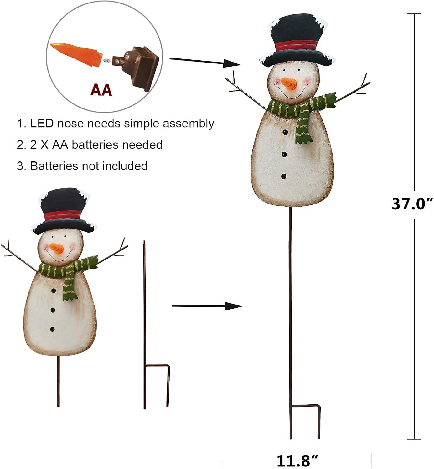 Christmas Snowman Garden Stake Decor, Outdoor Metal Yard Sign Lawn Stake With LED Battery Operated Blinking Nose, Holiday Decoration (Batteries Not Included)