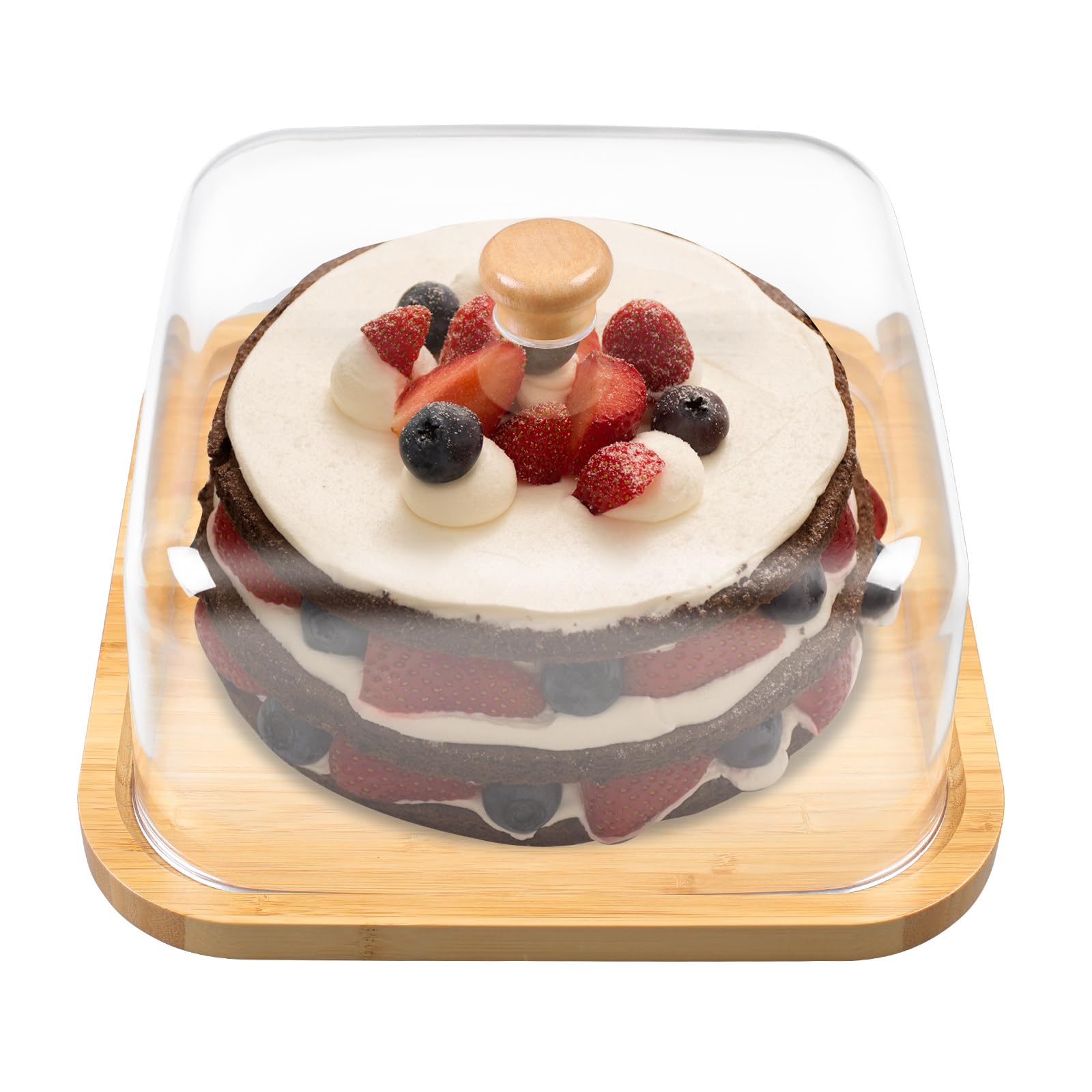 YedZen Cake Stand with Dome Lid, 28x28x16cm Bamboo Wood Cake Plate with Cover, Cake Display Stand with Clear Acrylic Dome for Anniversary, Birthday, Wedding, Party, Cheese, Café, Square