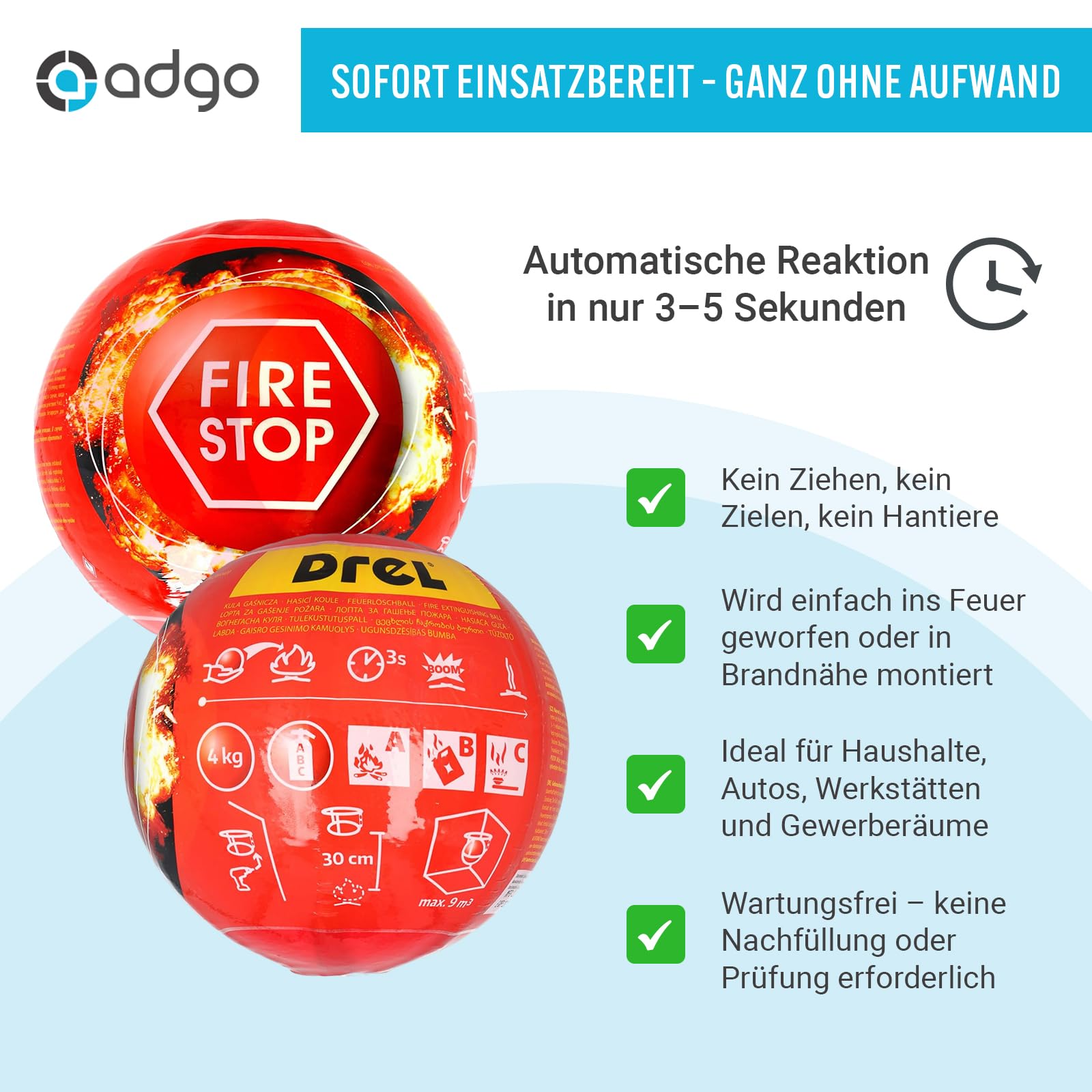 Feuerkugel - Feuerlöscher ABC - Feuerlöscher Auto - Feuerwehr Zubehör - Feuerlöscher 4kg - Feuerlöscher klein 25x25x25 cm mit Feuerlöscher Halterung - Automatische Reaktionszeit 3-5 Sekunden
