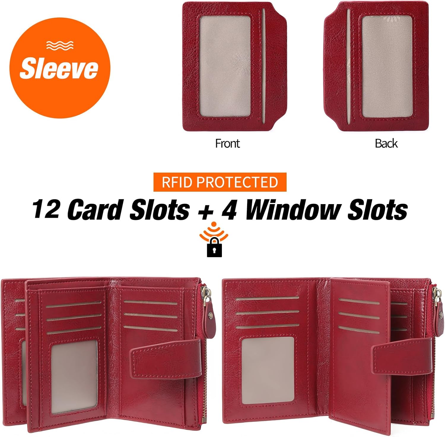 GOIACII RFID Women's Wallet Small Ladies Credit Card Holder Leather with Zipper Pocket 4 ID Windows Wine Wax Red - Image 2