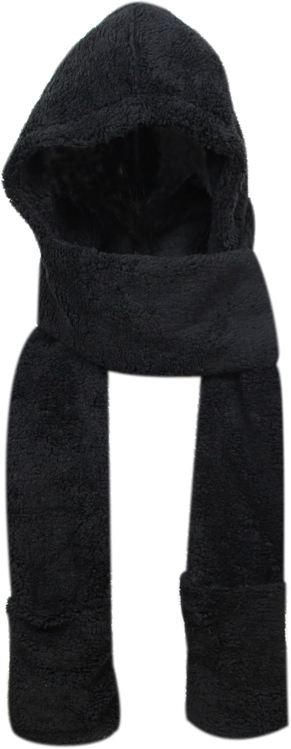 Super Soft Fleece Women’s Hooded Scarf & Hat W/Glove Pockets