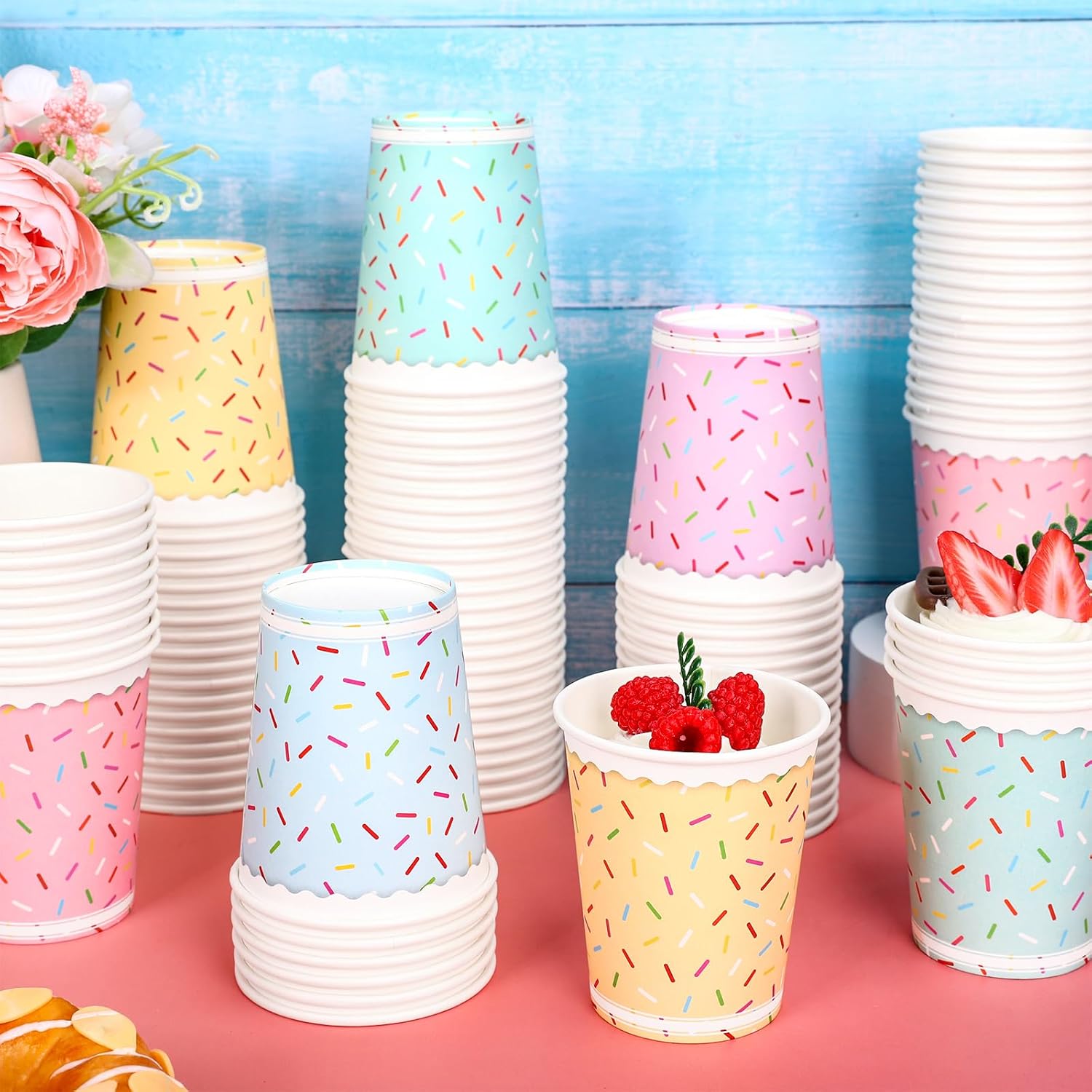 100Pcs 9Oz Sprinkles Disposable Paper Cups Pastel Donut Sprinkles Drinking Cups for Hot Cold Drink Juice Coffee Home Birthday Baby Shower Party Supplies - Image 4