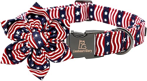 Lionheart glory Collar de perro con bandera estadounidense, collar de flor para perro del 4 de julio, collar patriótico ajustable resistente con