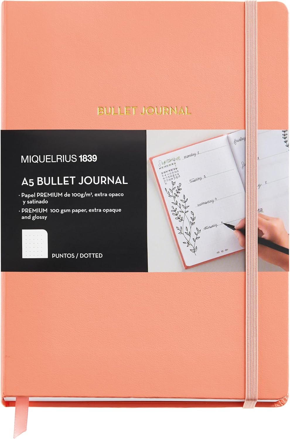 Miquelrius - Bullet Journal Notebook, Leather-Like Hard Cover and Elastic Closure, A5 Size 148 x 210 mm, 96 Sheets of 100 g/m², Dots' Interior, Peach