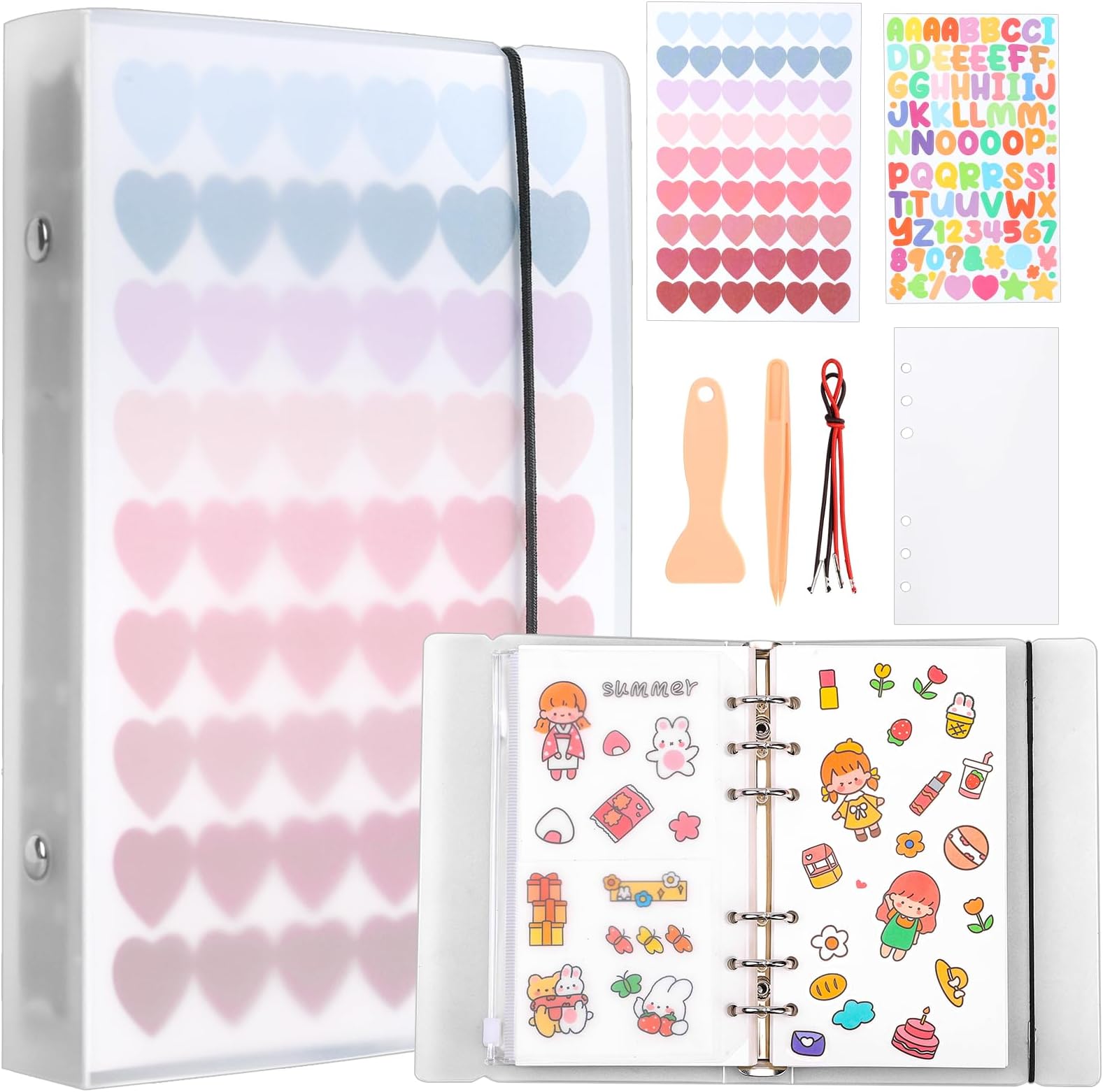 Reusable Sticker Book 100 Sheets,Sticker Collecting Book with Pocket,Reusable Sticker Album, Sticker Collecting Album with Tweezer & Spatula & Heart Sticker Label & Letter Stickers Label,A6