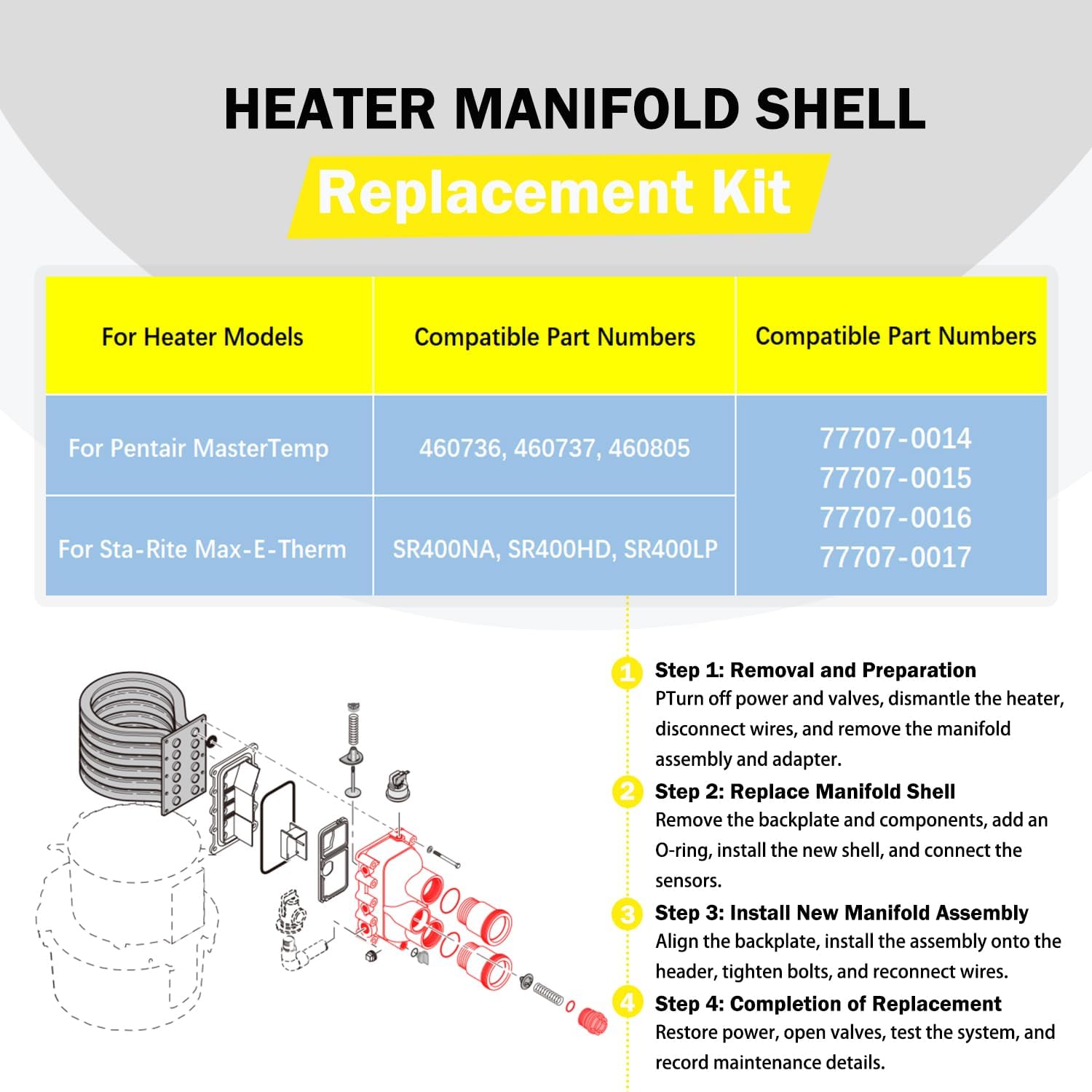 E-cowlboy 77707-0016 Fit for Manifold Replacement Kit Pool and Spa Heater - Durable and Efficient- Compatible with MasterTemp/Max-E-Therm 400 - Includes All Essential Parts