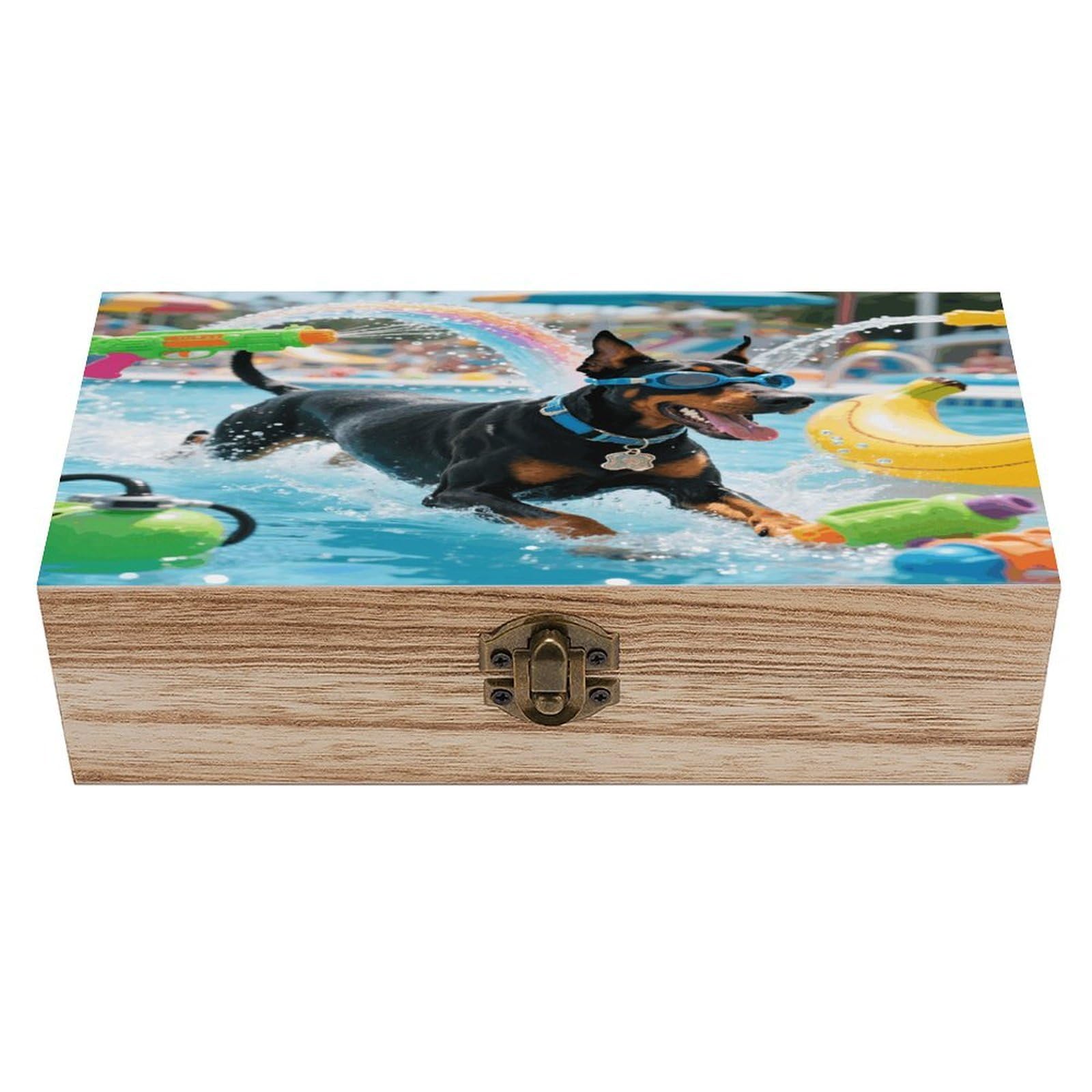 VstaDank Doberman Pool Blitz Wooden Storage Box Vintage Style Wooden Storage Case with A Hinged Lid Memory Treasure Boxes Decorative Jewelny Photos for Organizer 7.9 * 3.7 * 2.3 Inch