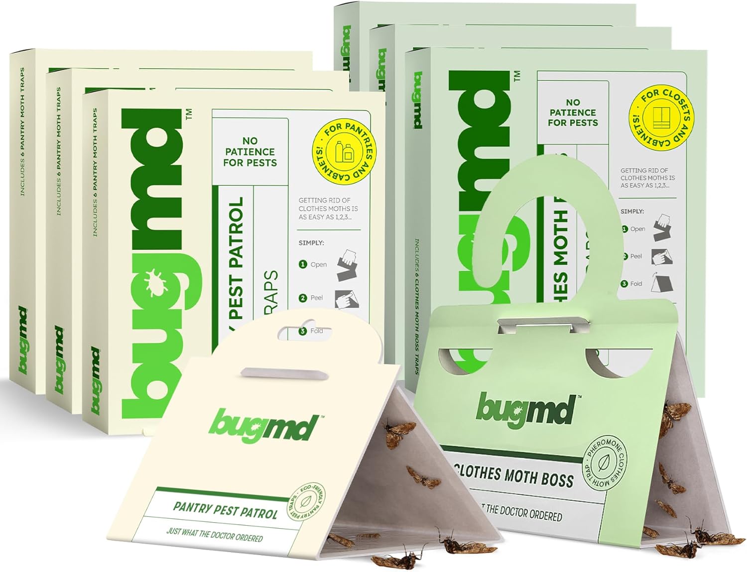BugMD Clothes Moth Boss Traps (18 Count, Green) and Pantry Pest Patrol (18 Count, Original) Bundle