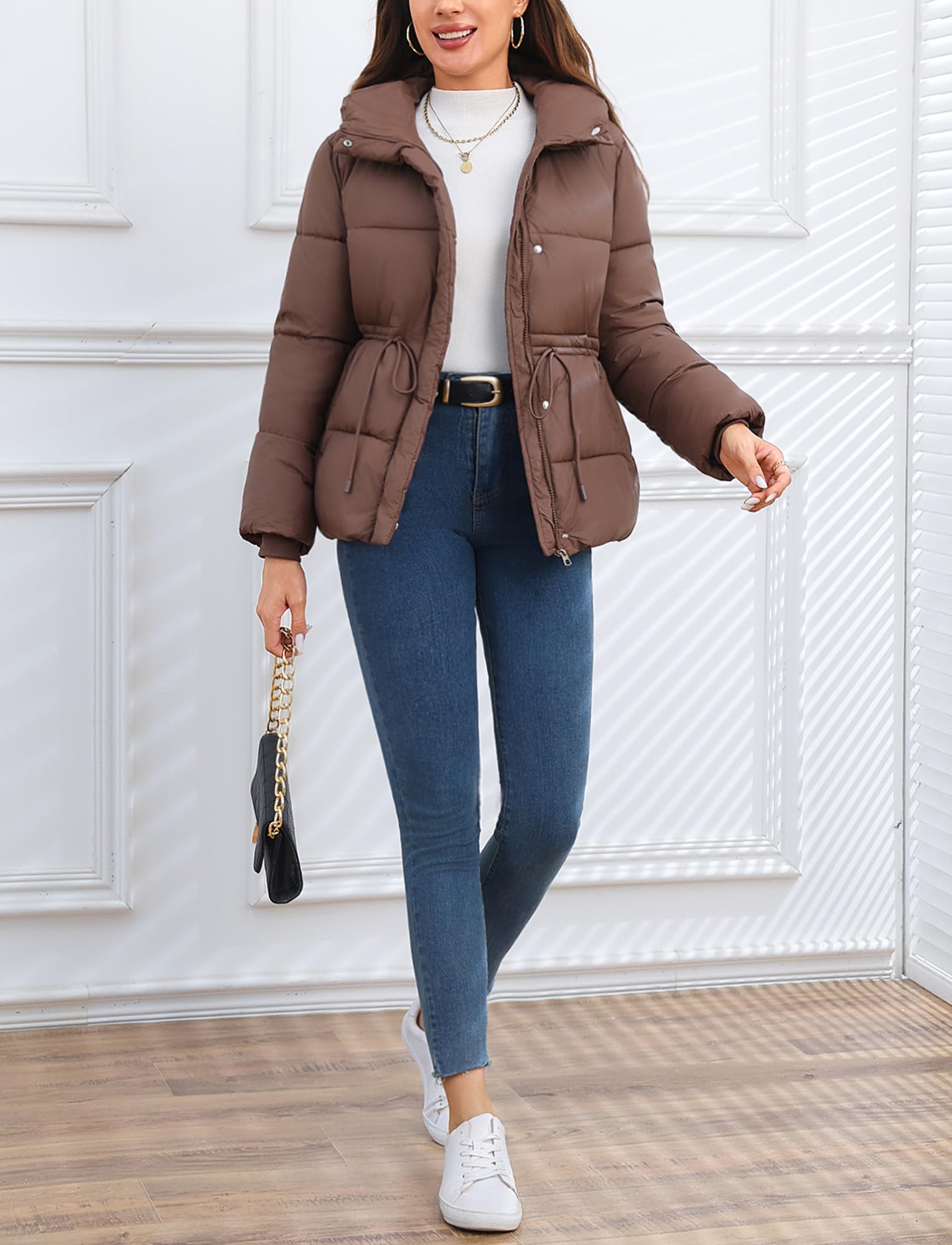 Maeau - Wintermantel Kurzer Kapuze Damen Reißverschluss und Druckknöpfen verstellbaren Kordelzug in der Taille Winterjacke M-3XL